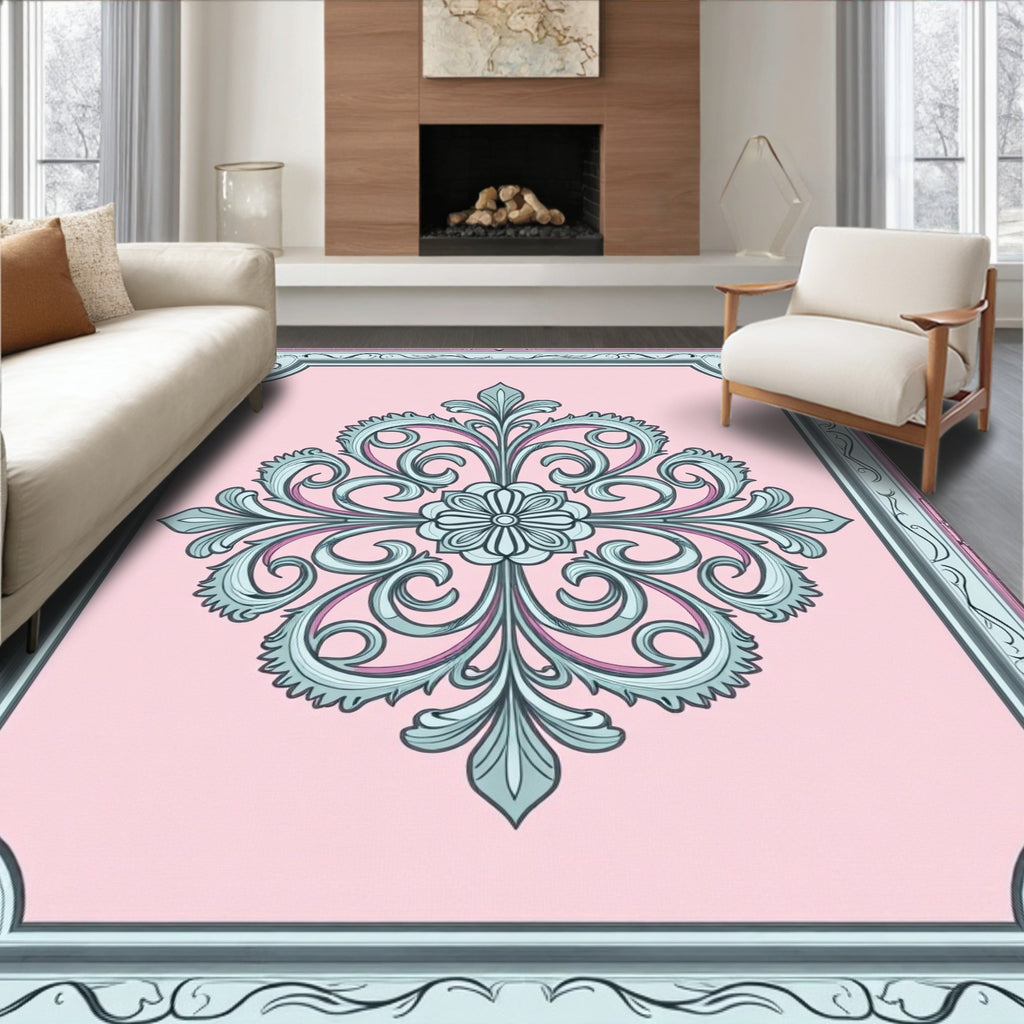 Pale Pink Floral Scrollwork Medallion Rug
