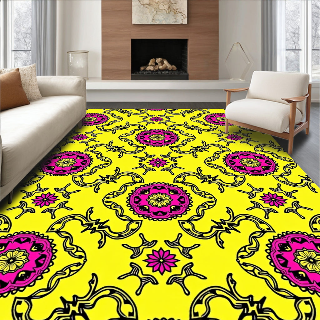Vibrant Yellow Pink Medallion Art Rug