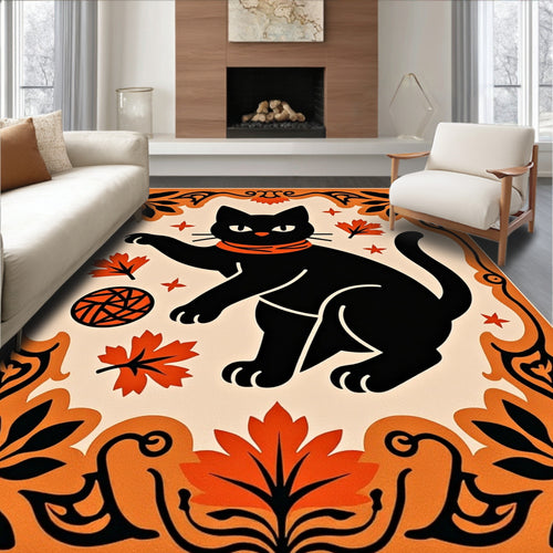 Black Cat Orange Scarf Autumn Leaves Rug