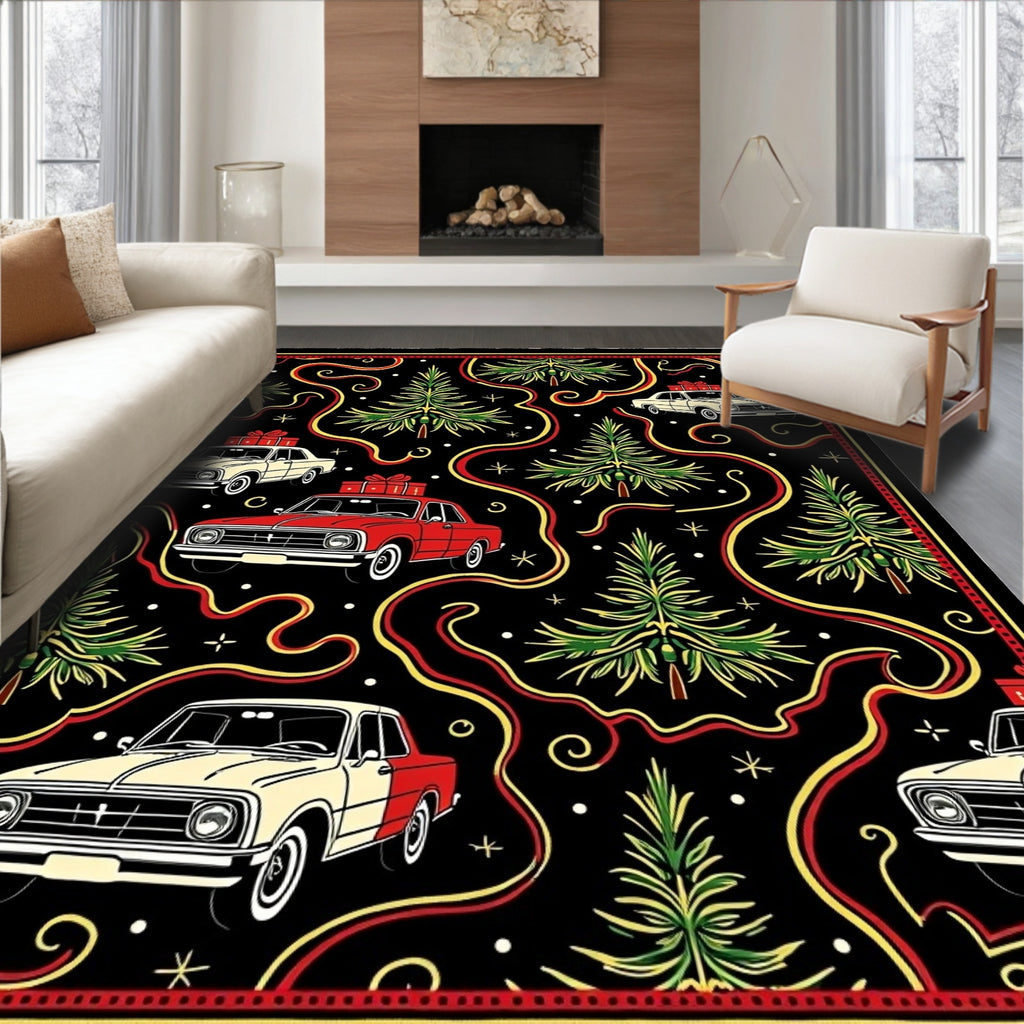 Festive Red Cream Car Christmas Scene Rug