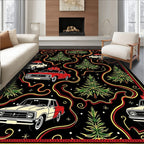 Festive Red Cream Car Christmas Scene Rug