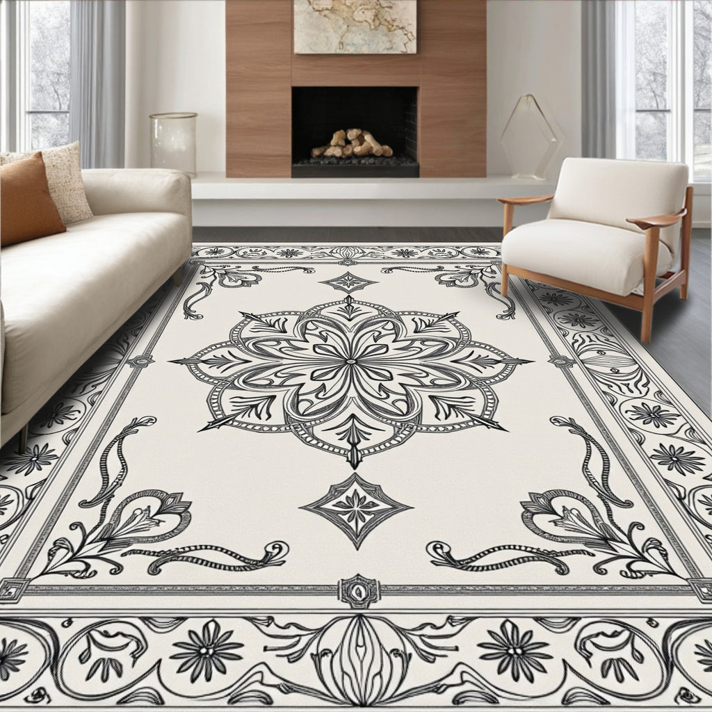 Vintage Black Floral Medallion Border Rug