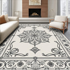 Vintage Black Floral Medallion Border Rug