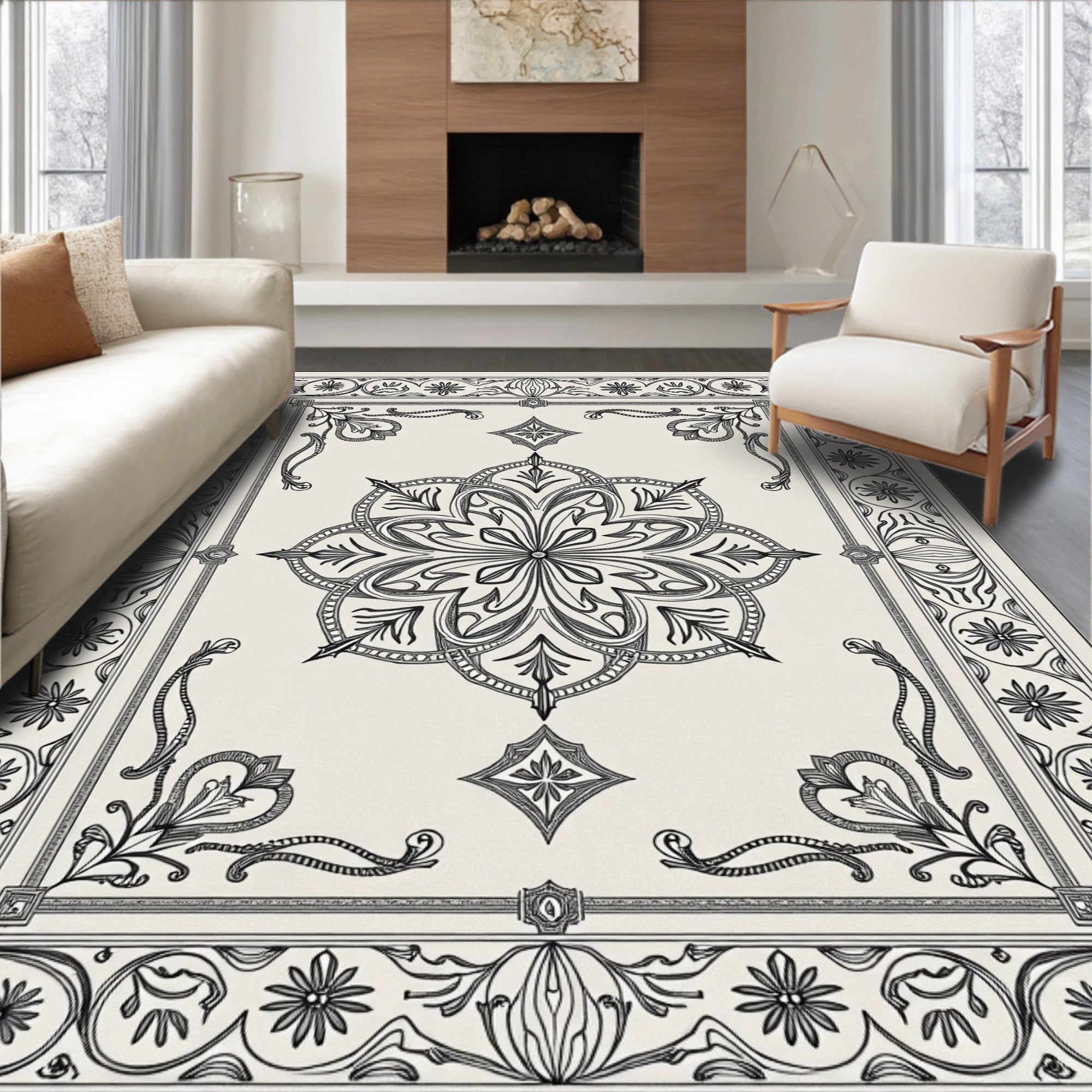 Vintage Black Floral Medallion Border Rug