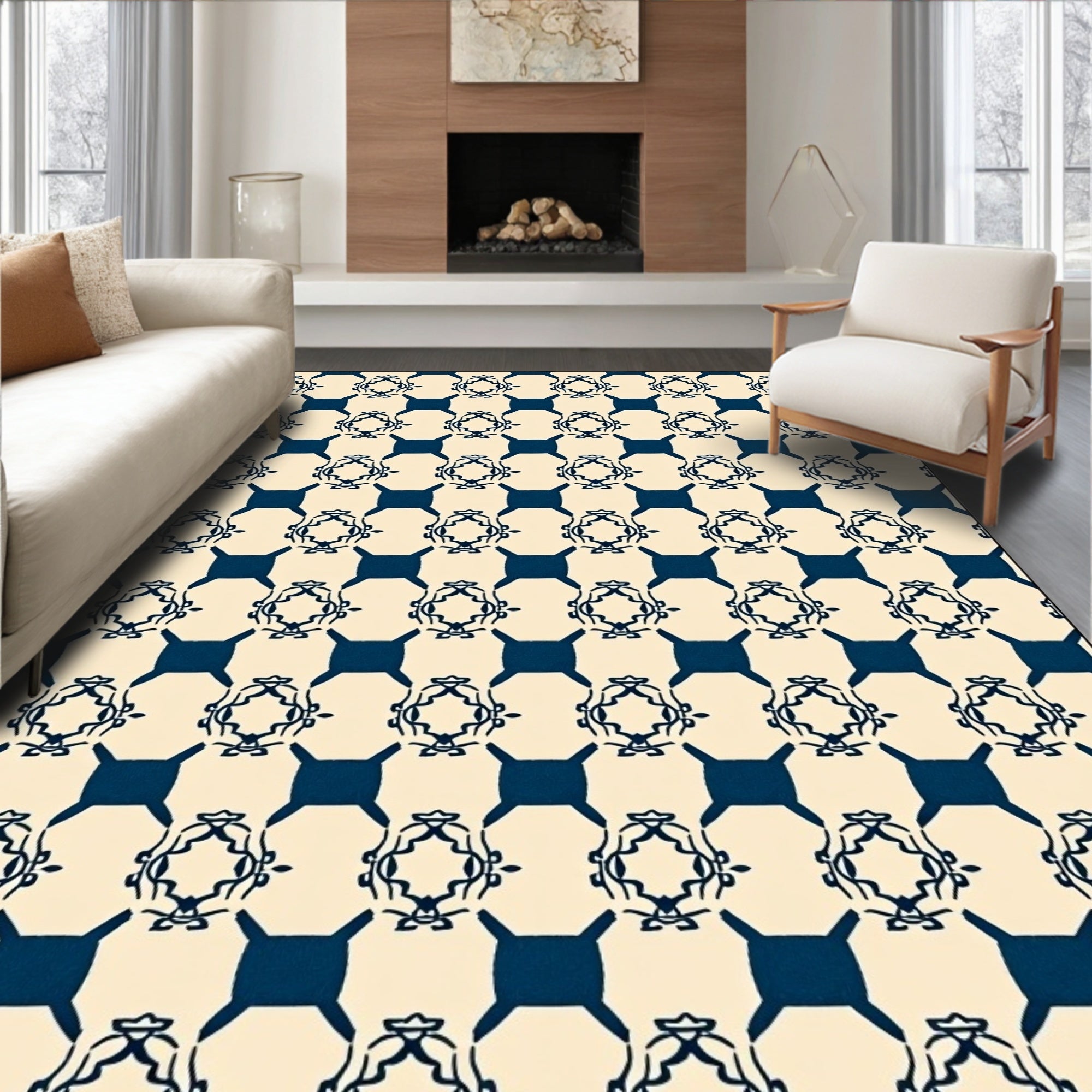 Ivory Navy Geometric Labyrinth Rug