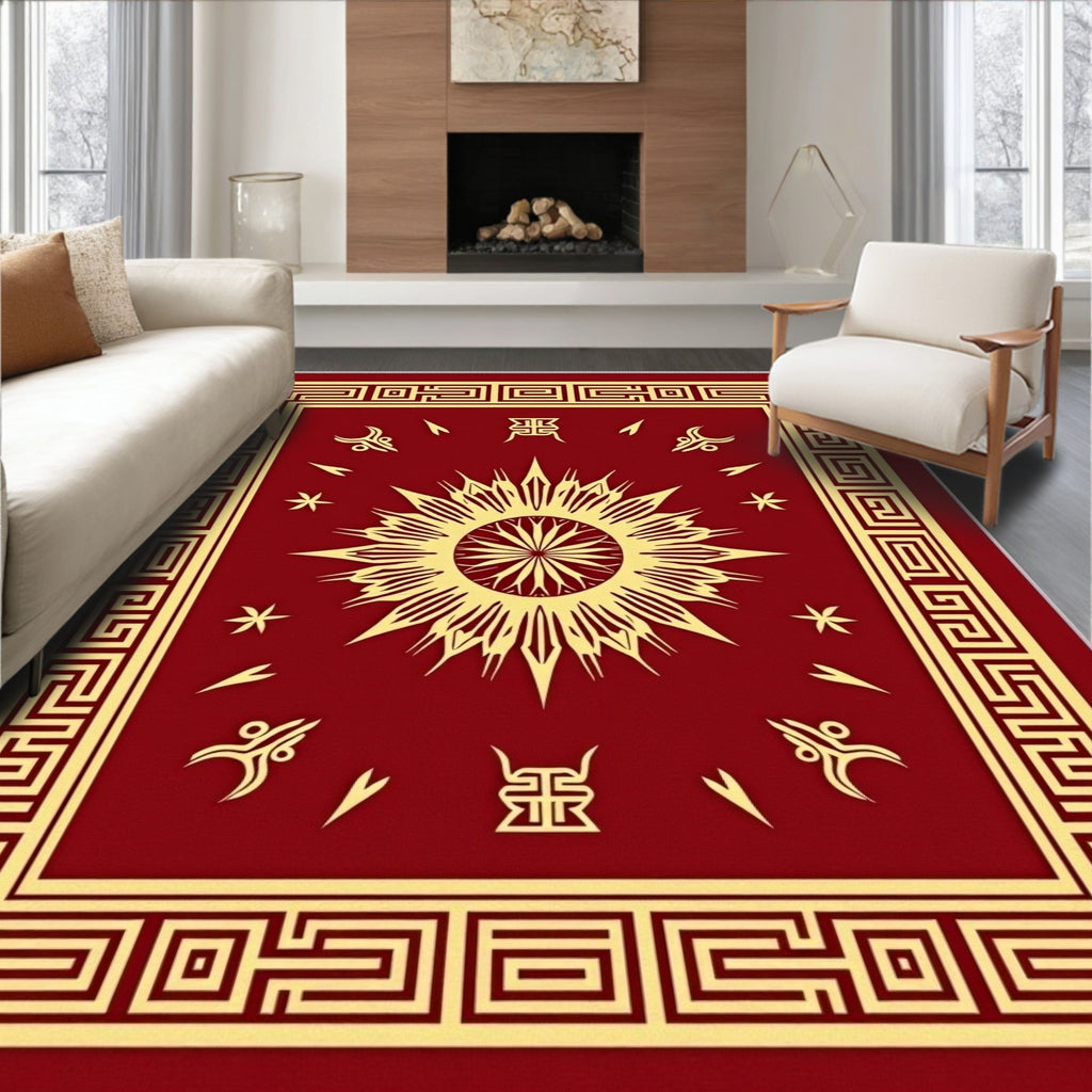 Crimson Sunburst Bordered Abstract Rug