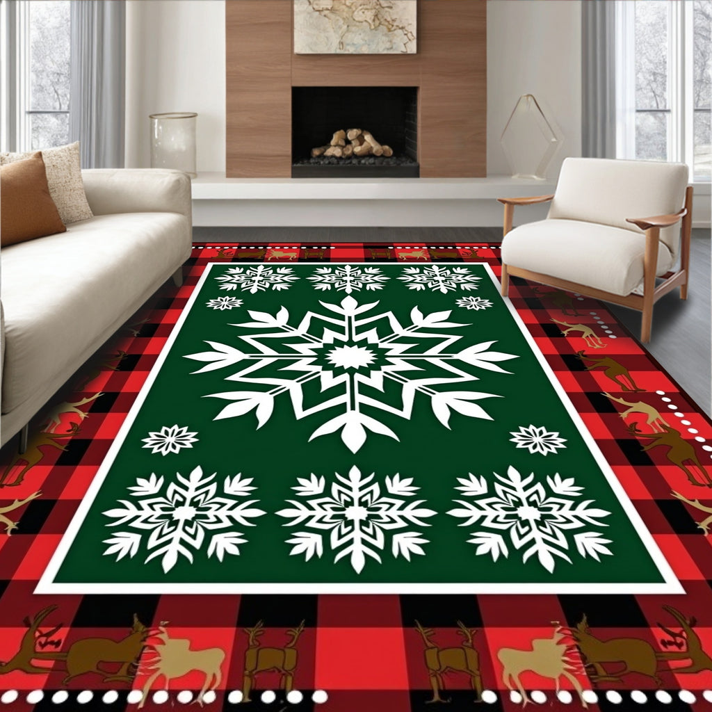 Red Black Buffalo Plaid Snowflake Deer Rug