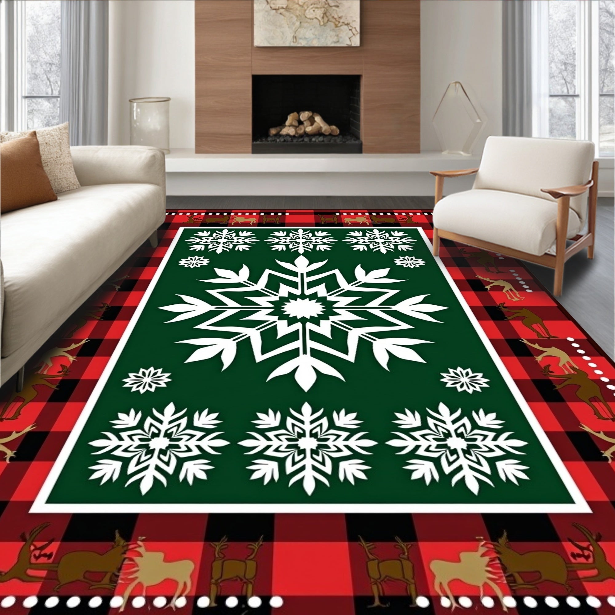 Red Black Buffalo Plaid Snowflake Deer Rug