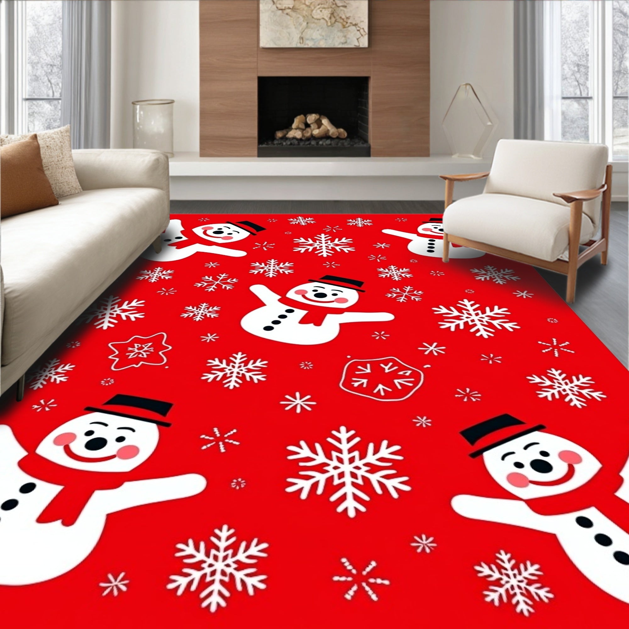 Jolly Snowmen Red Snowflake Carnival Rug