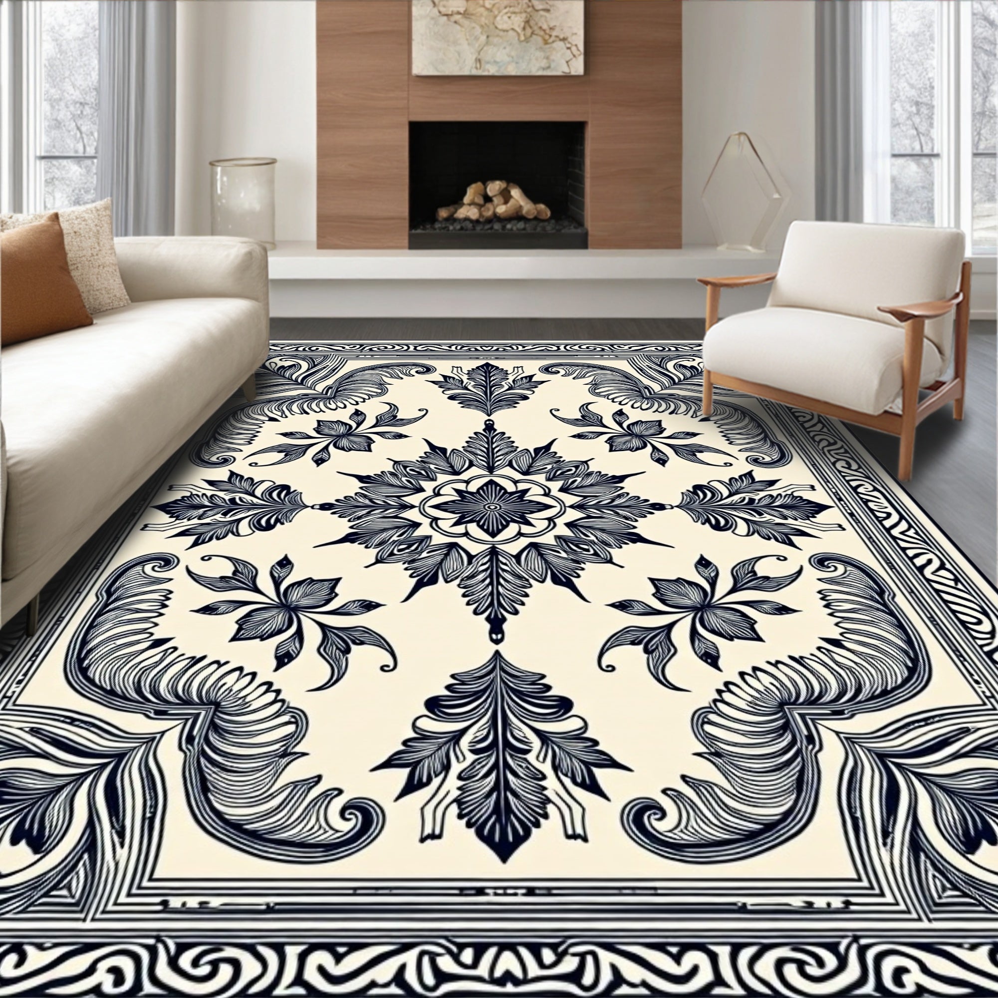 Classic Ivory Navy Floral Medallion Rug