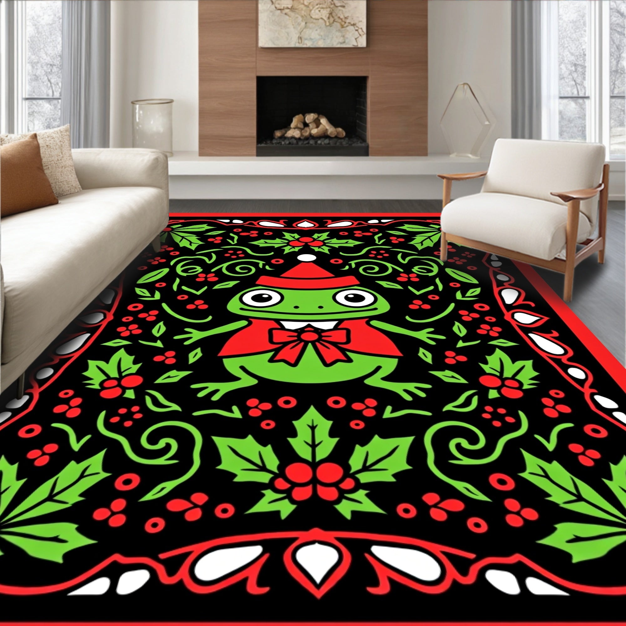 Festive Frog Holly Red Border Rug