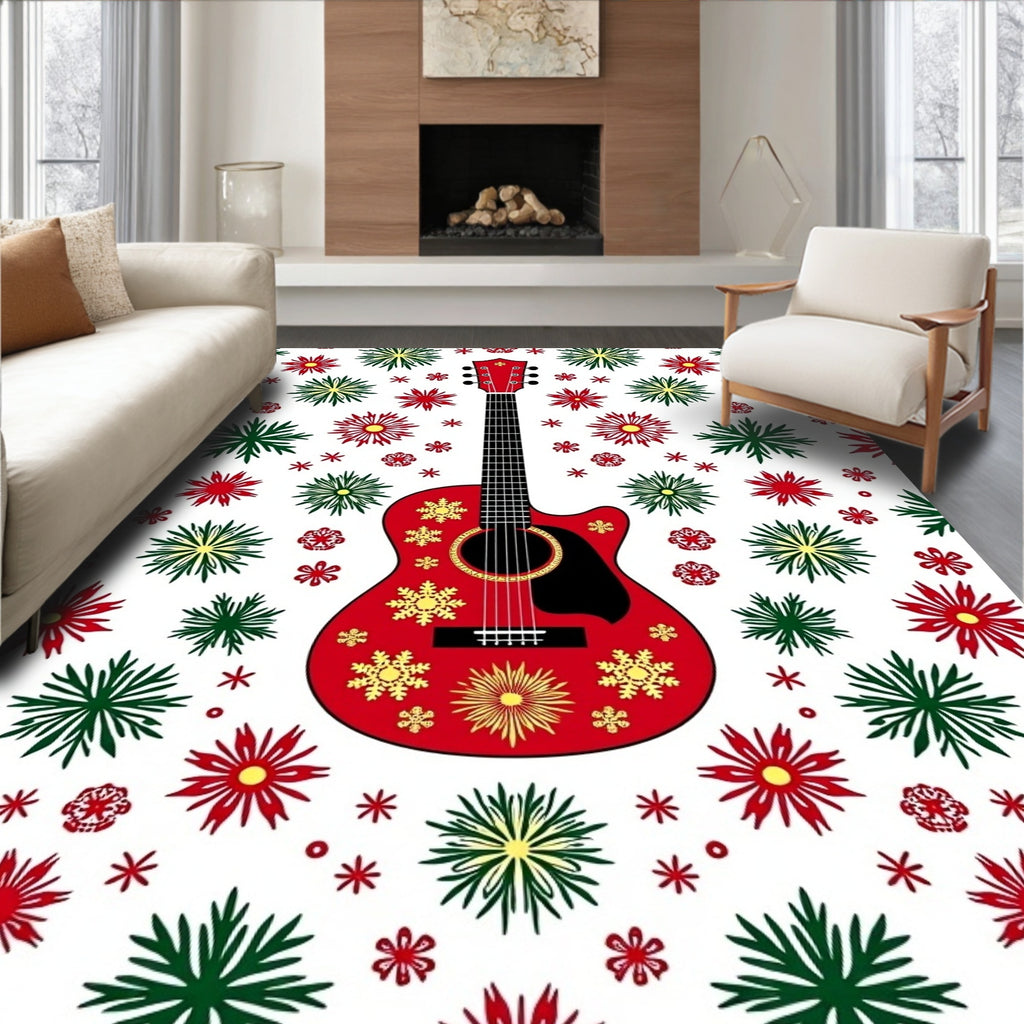 Red Guitar Snowflake Christmas Rug