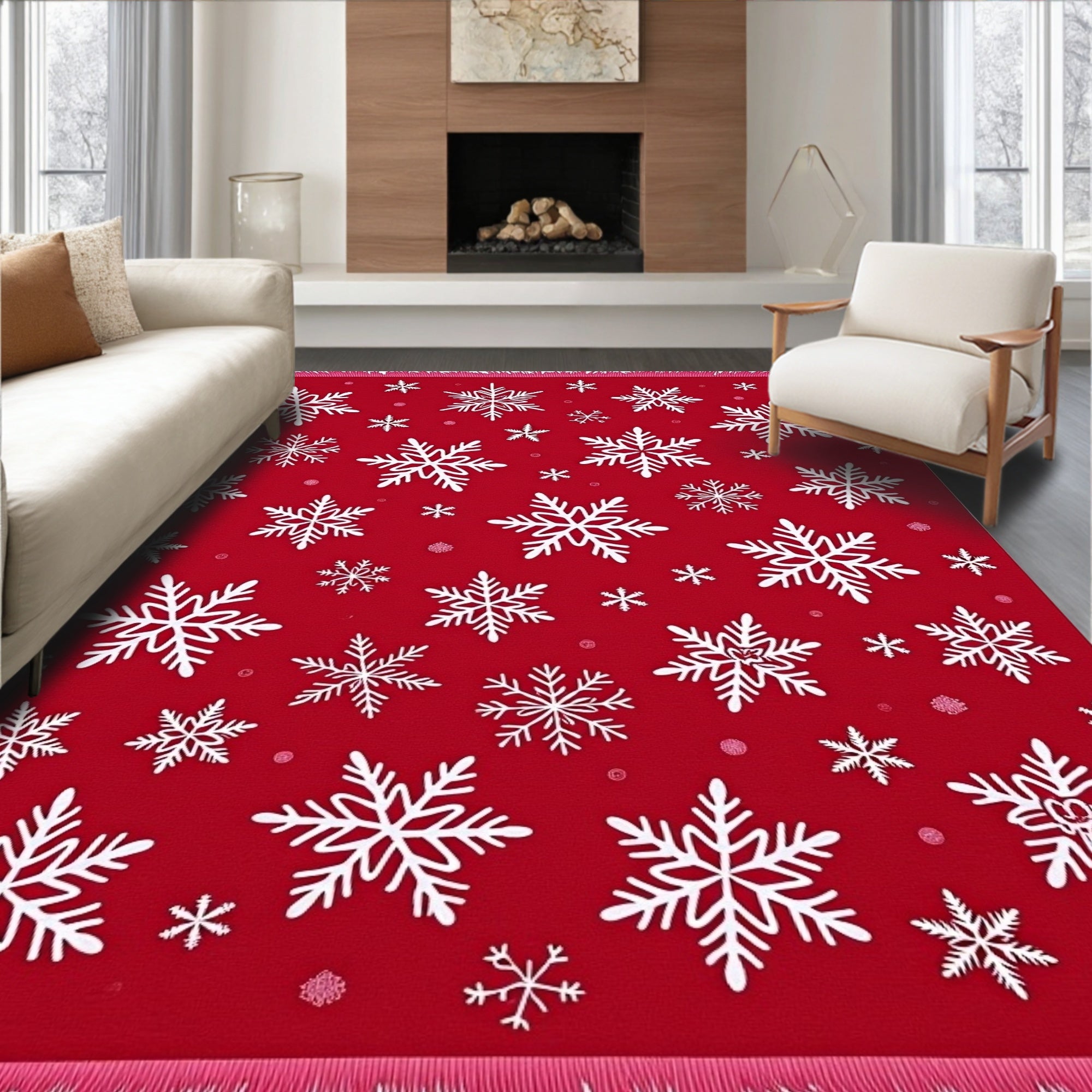 Red White Snowflake Scatter Rug