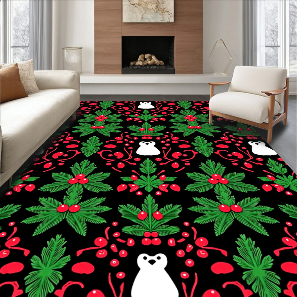 Festive Black White Red Penguin Foliage Rug