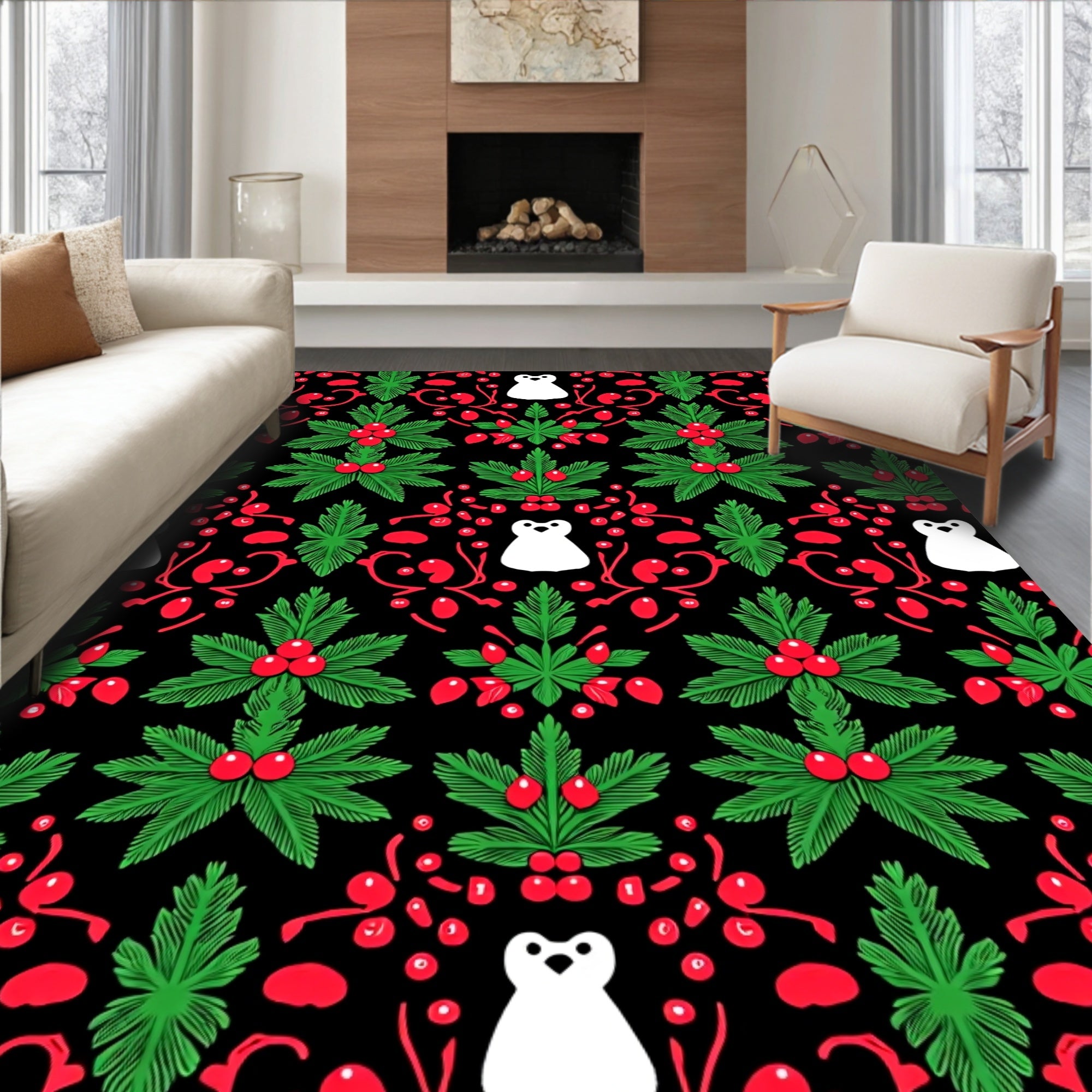 Festive Black White Red Penguin Foliage Rug