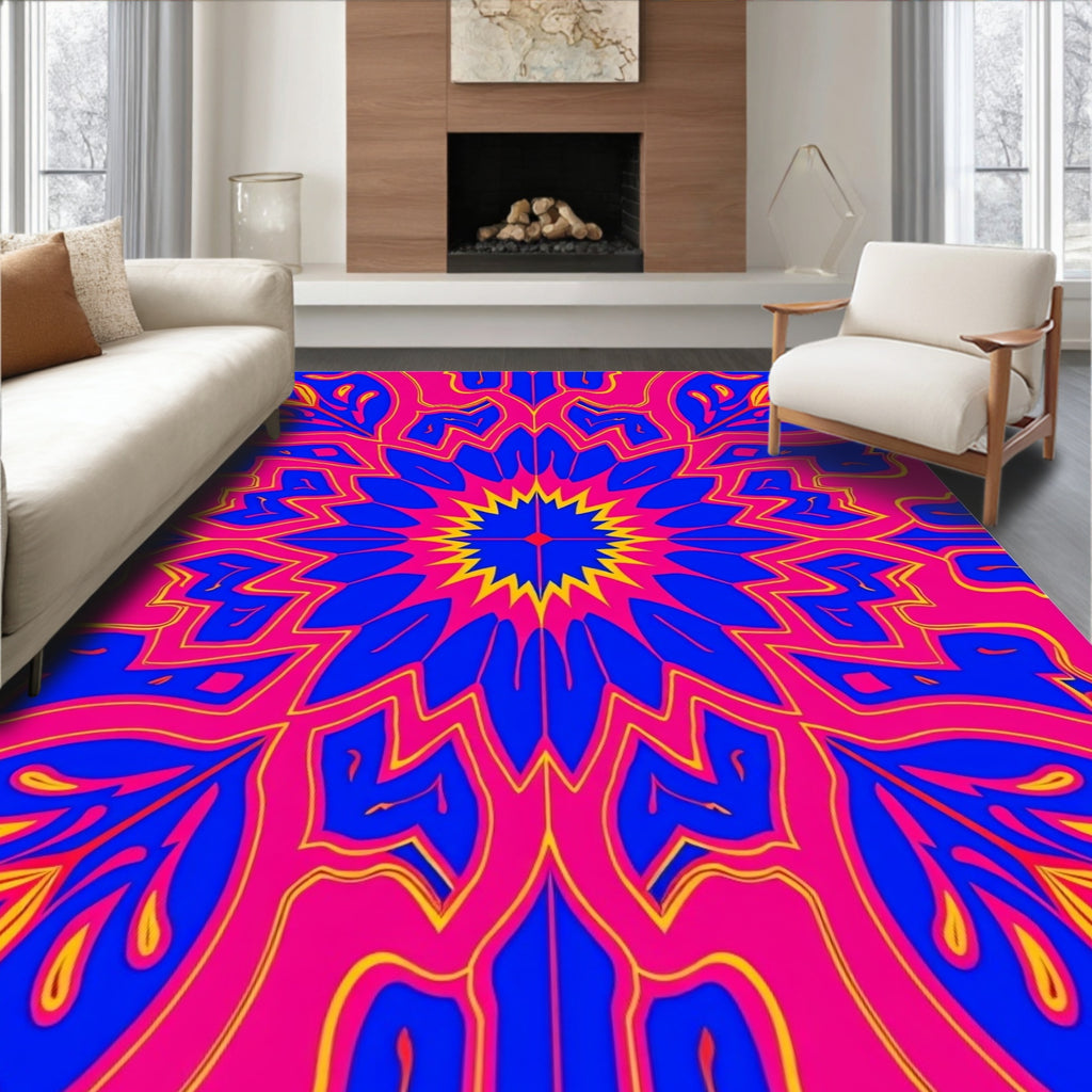 Vibrant Blue Pink Yellow Sunburst Rug