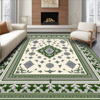 Cream Green Floral Medallion Border Rug