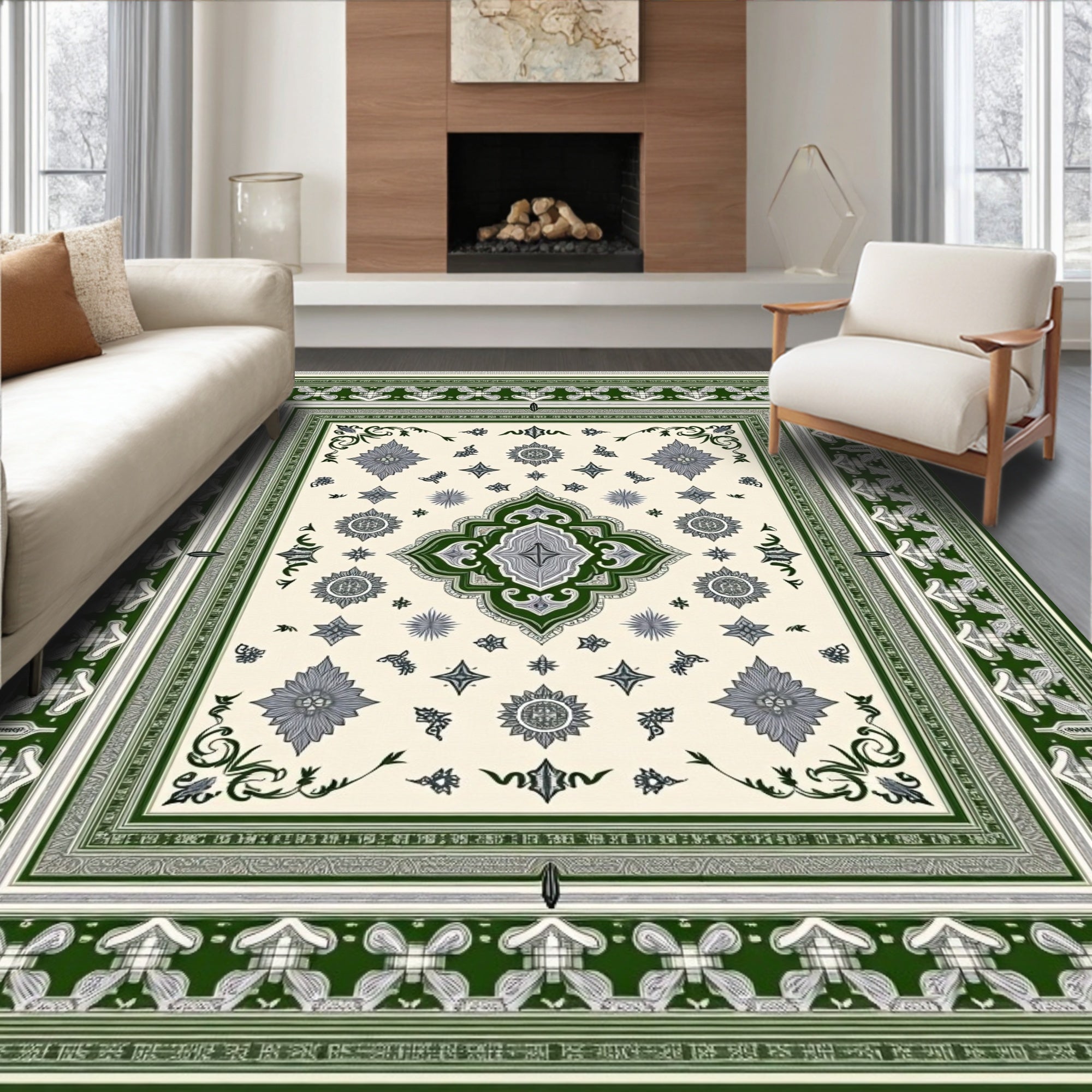 Cream Green Floral Medallion Border Rug