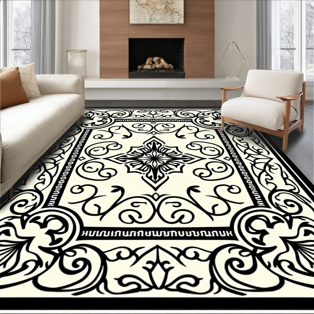 Ivory Black Ornamental Script Medallion Rug