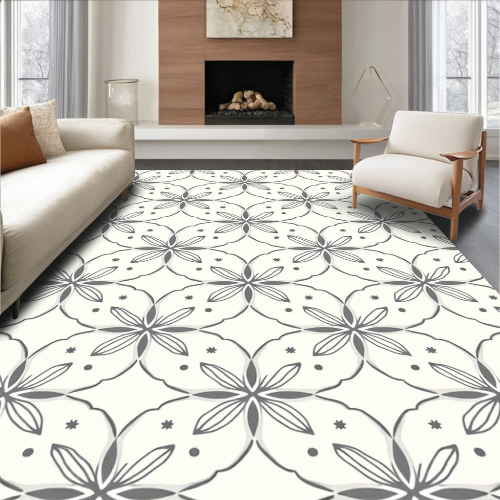 Neutral Gray Floral Petal Overlay Rug