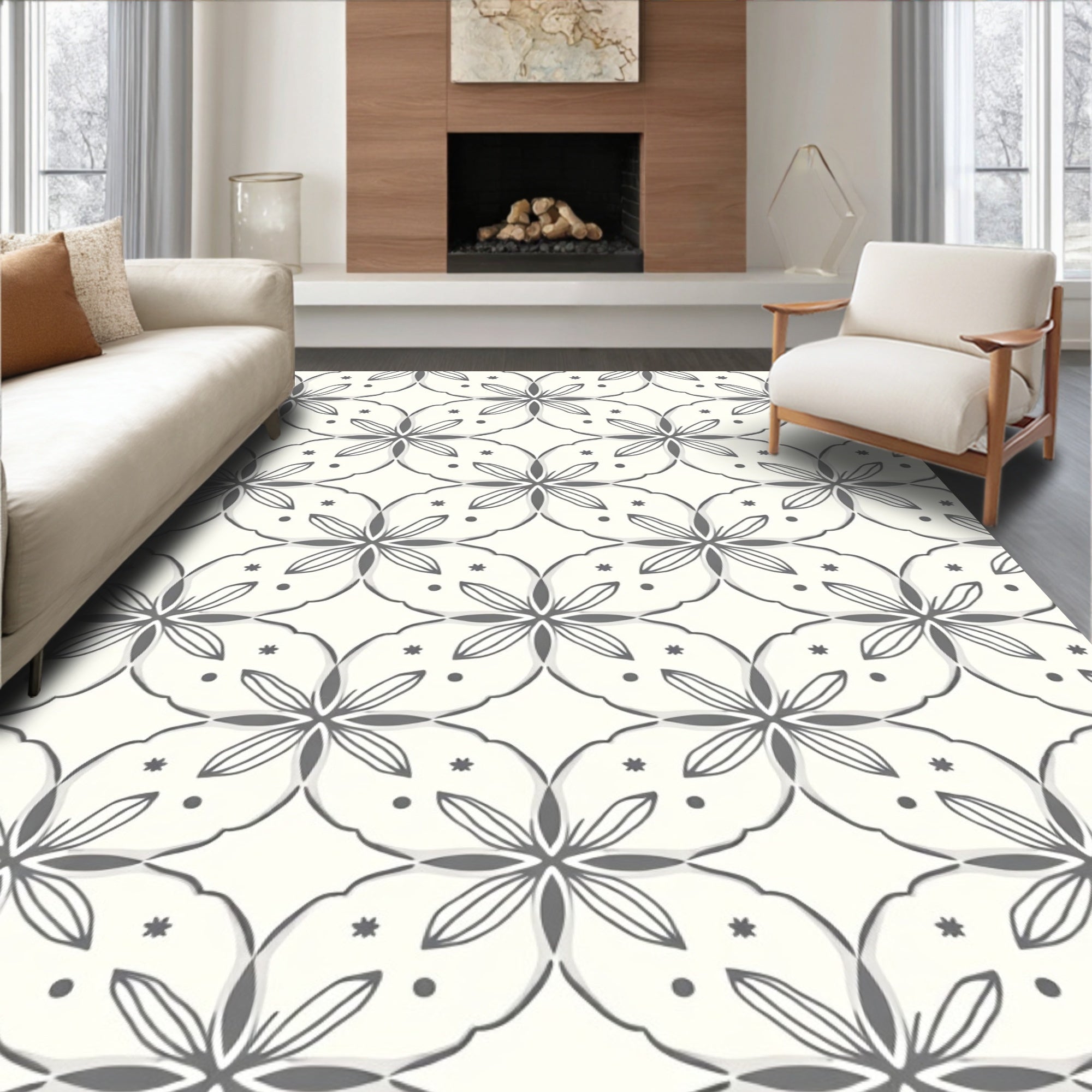 Neutral Gray Floral Petal Overlay Rug