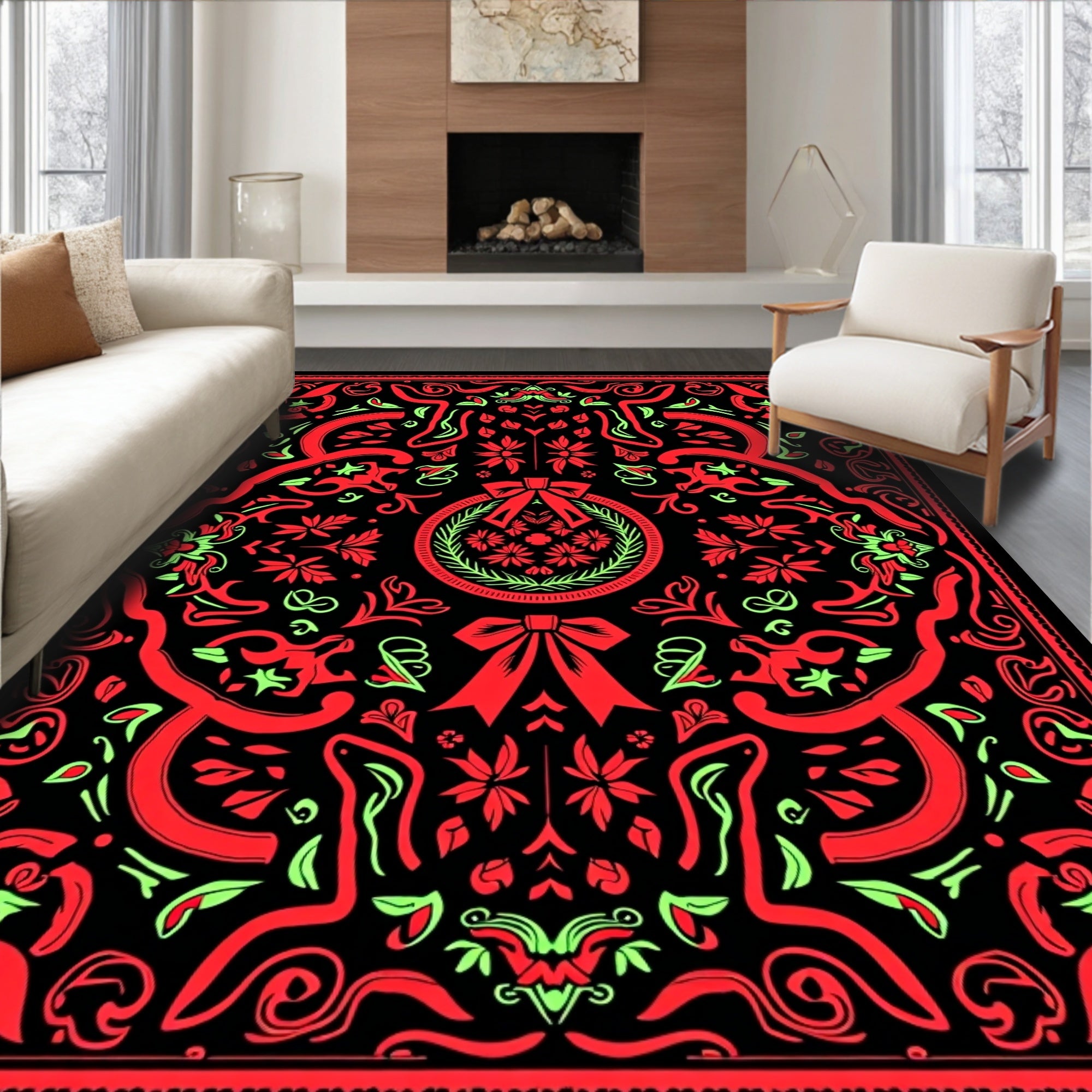 Bold Red Floral Wreath Swirl Rug