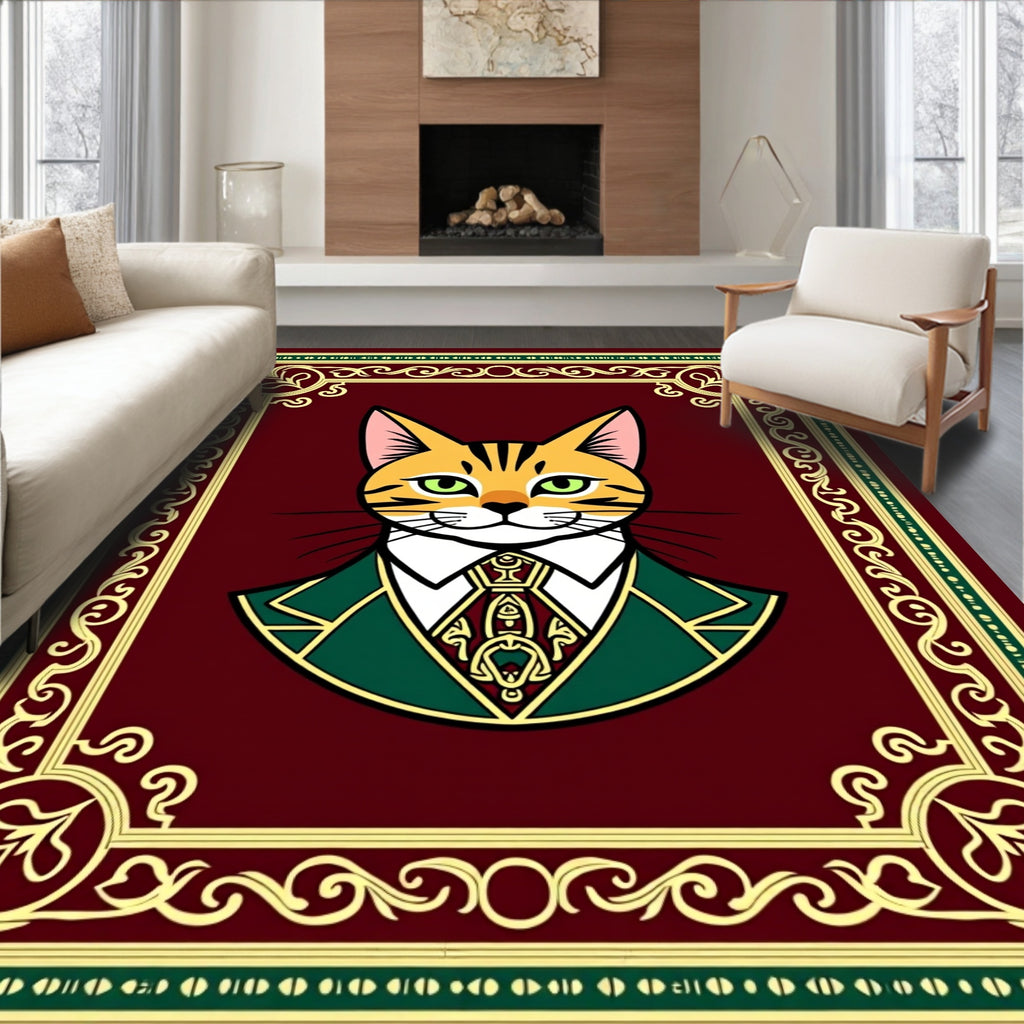 Dapper Cat Portrait Ornate Crimson Rug