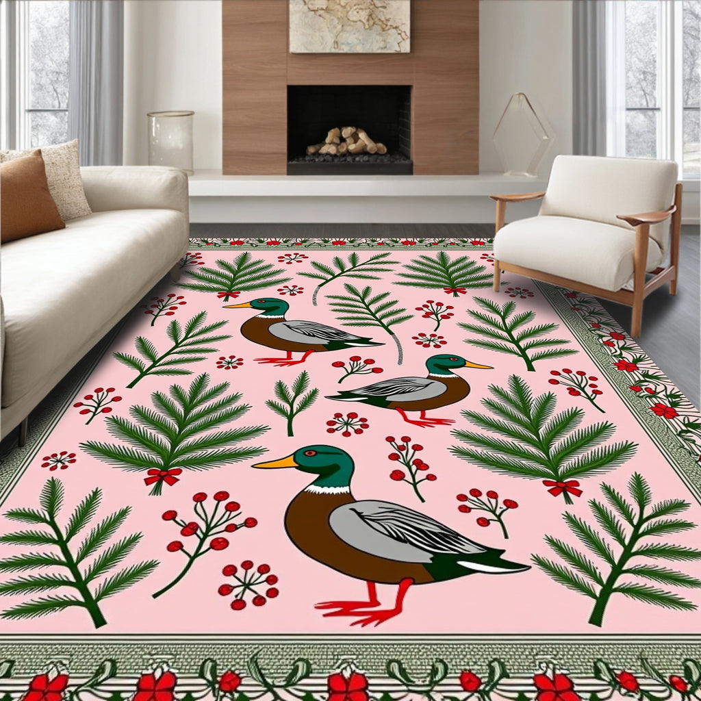 Pink Whimsical Duck Pineberry Border Rug