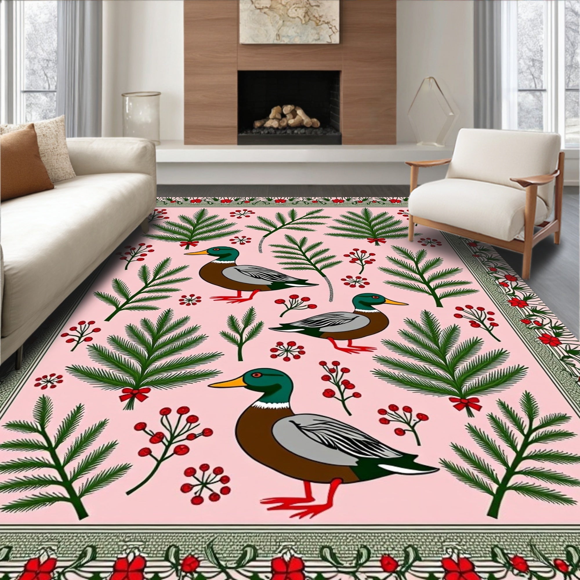 Pink Whimsical Duck Pineberry Border Rug
