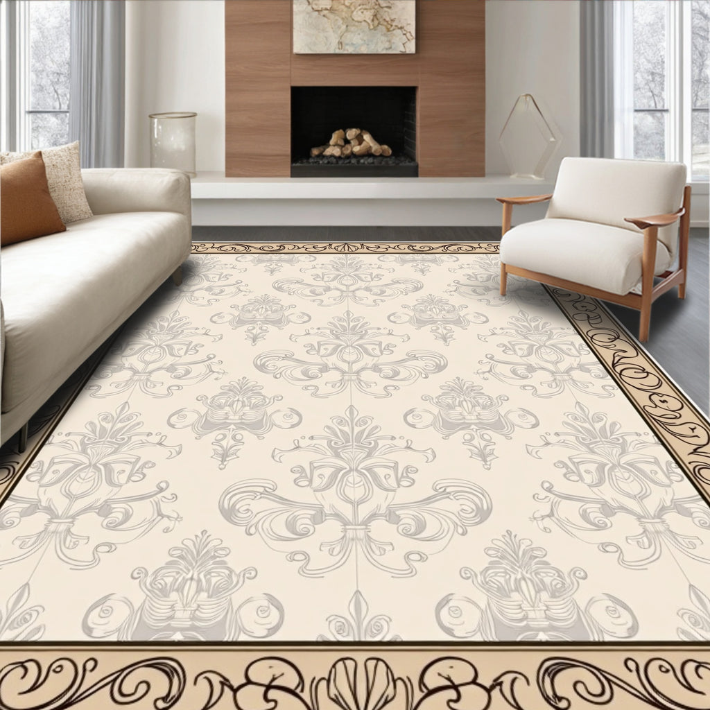 Ornate Beige Damask Scroll Border Rug