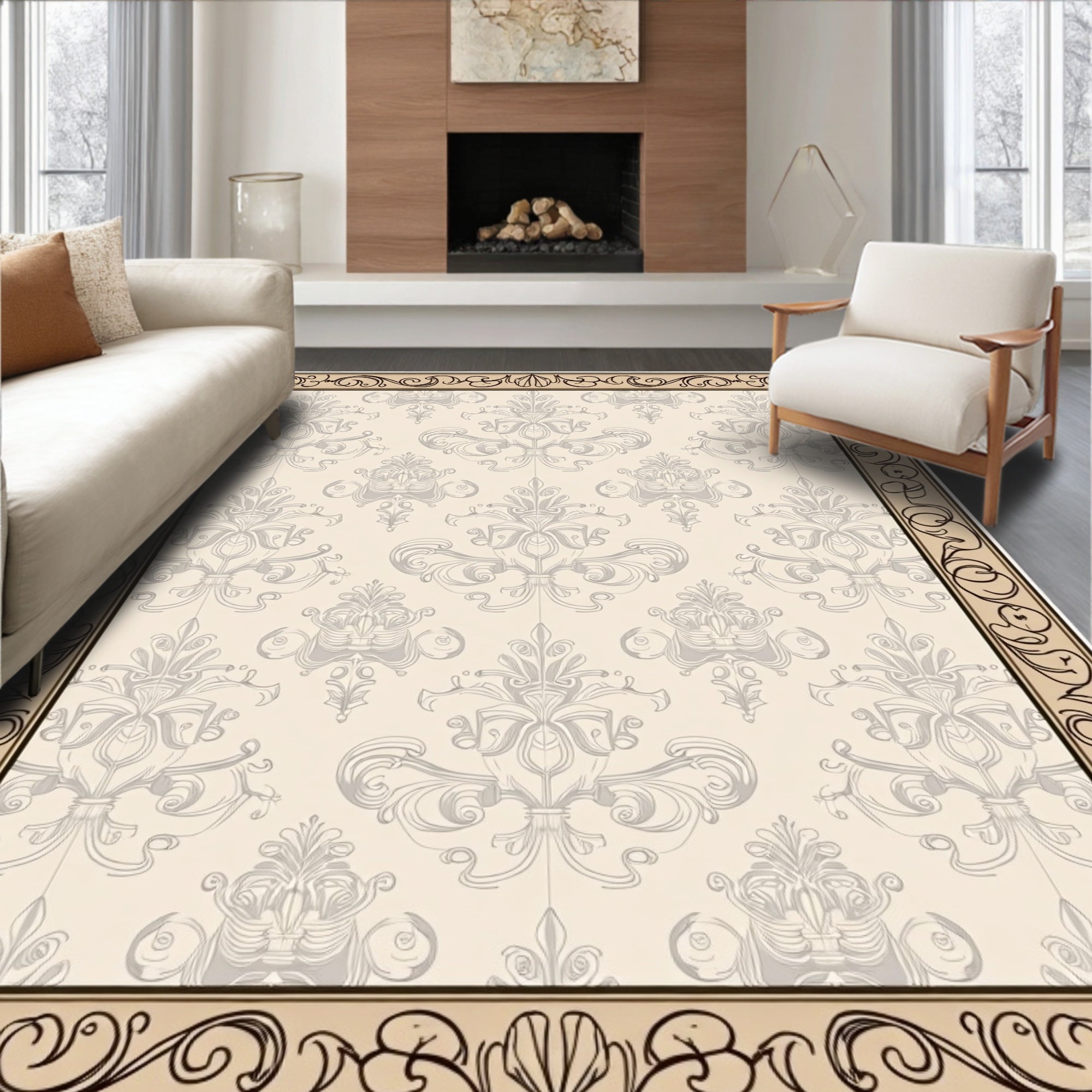 Ornate Beige Damask Scroll Border Rug