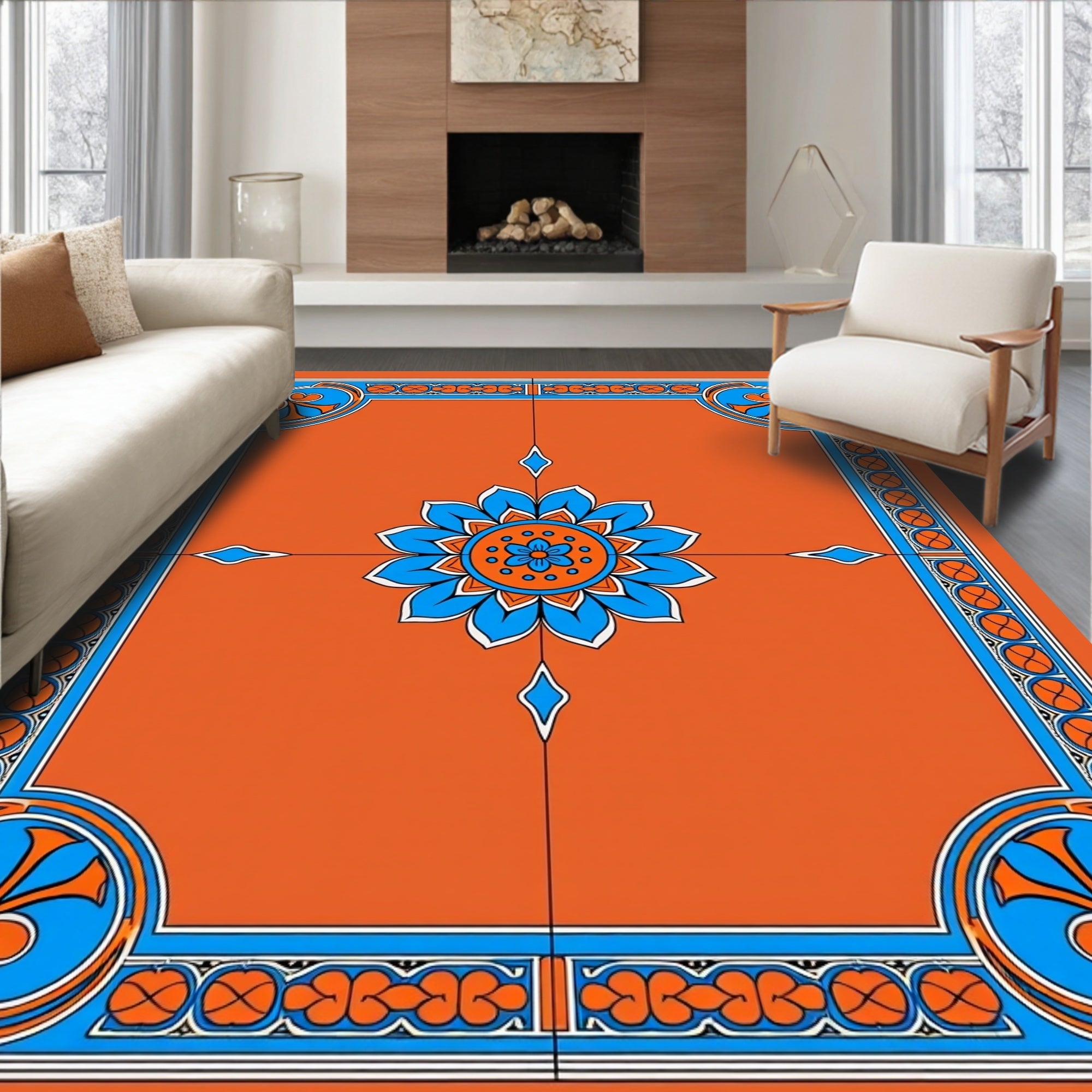 Bold Blue Floral Medallion Orange Rug