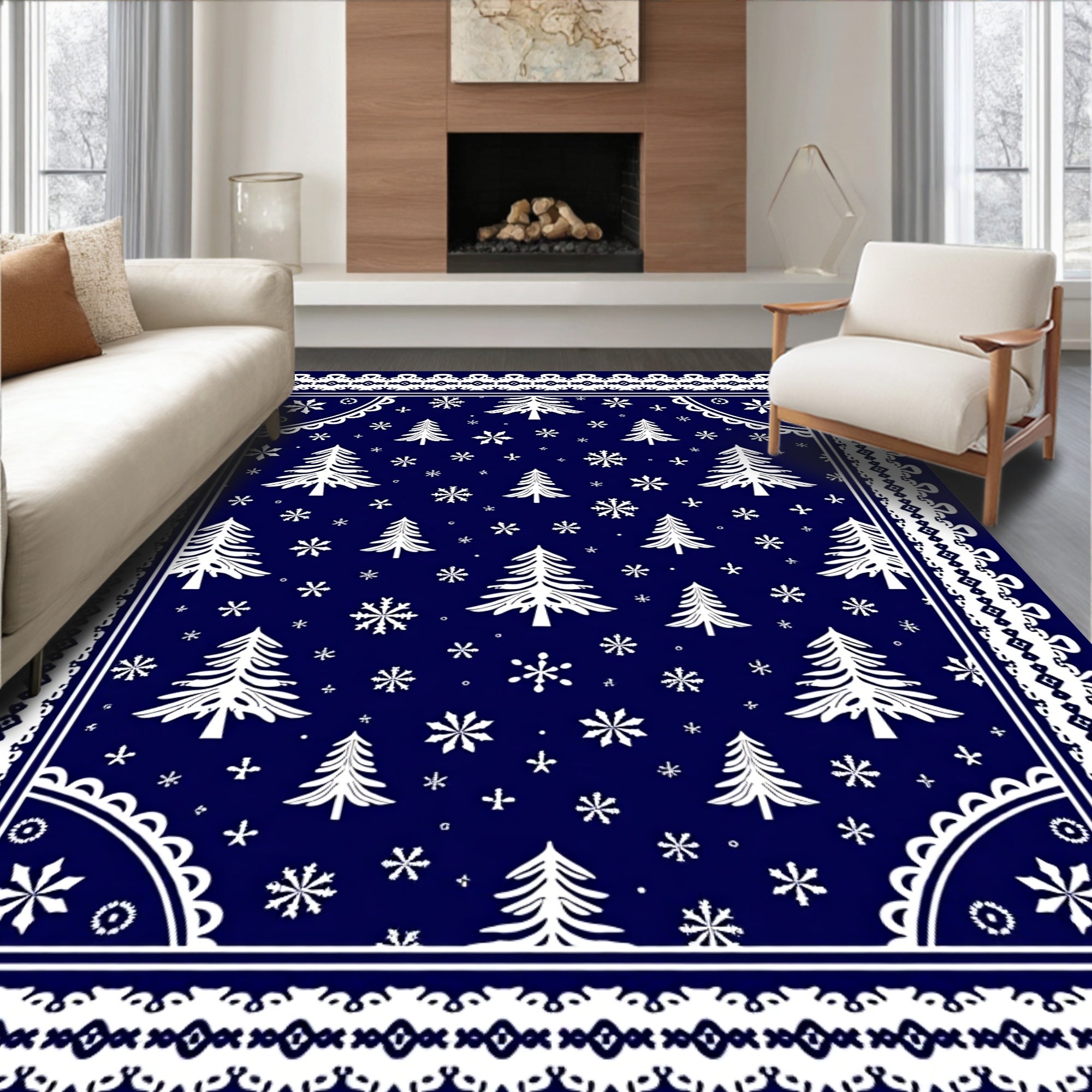 White Christmas Trees Snowflake Navy Rug