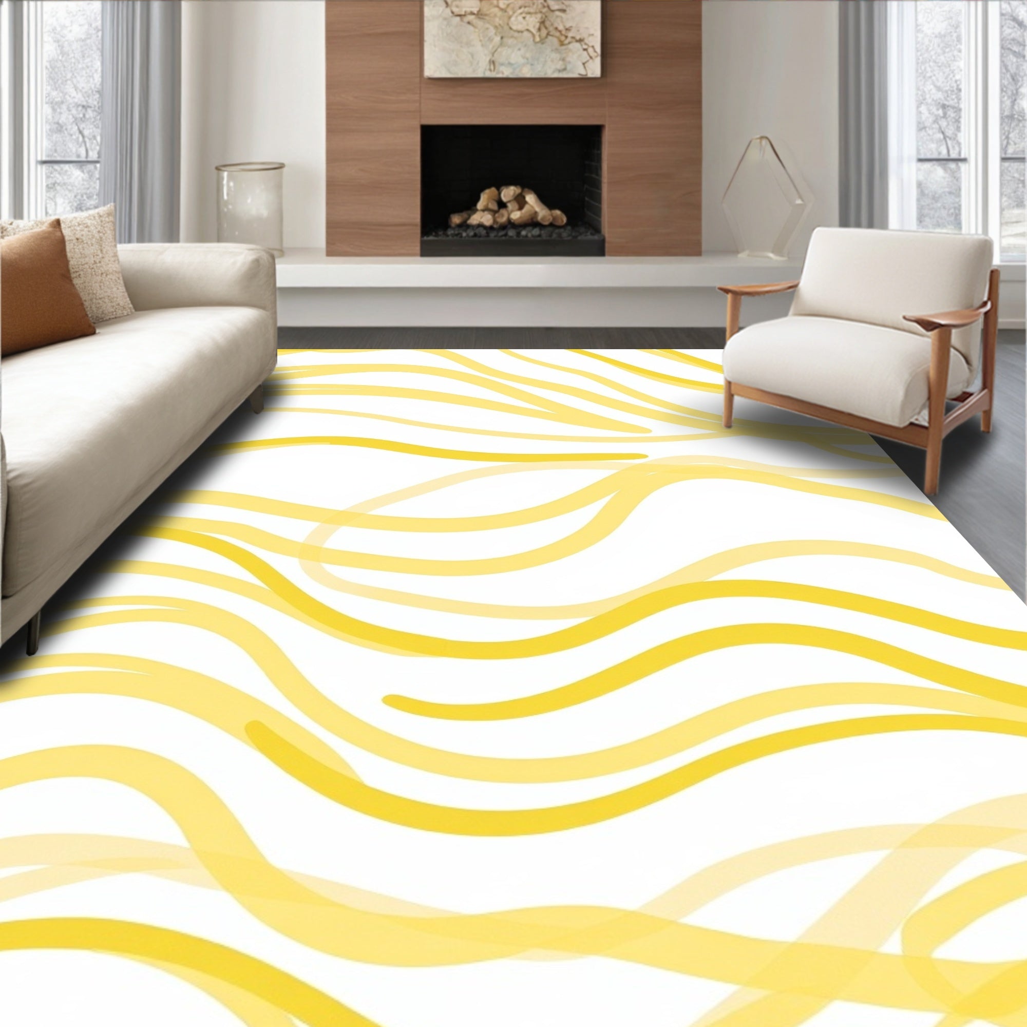 Sunny Yellow Abstract Wavy Lines Rug