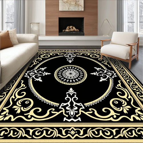 Black Gold Floral Medallion Square Rug