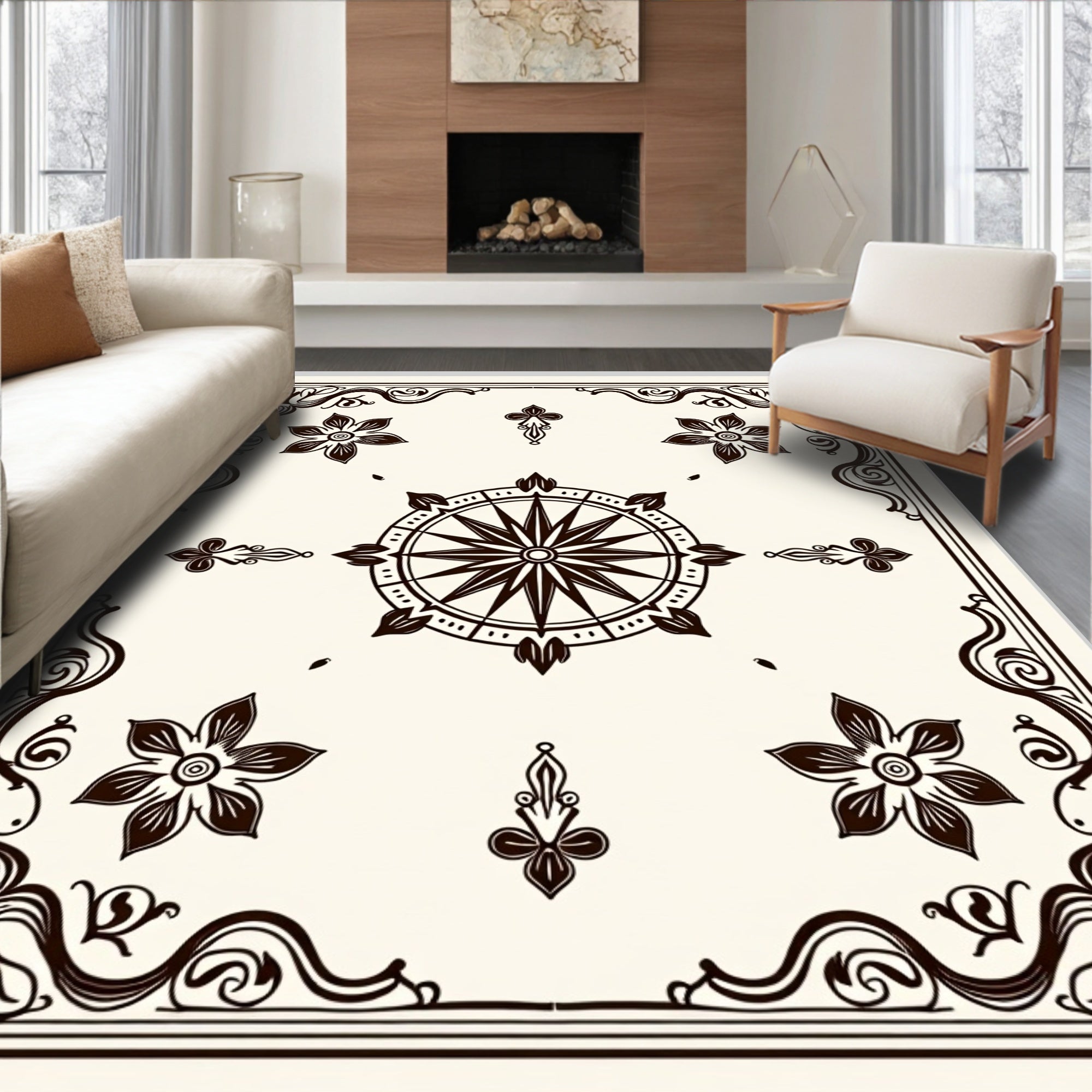 Dark Brown Compass Floral Corner Rug