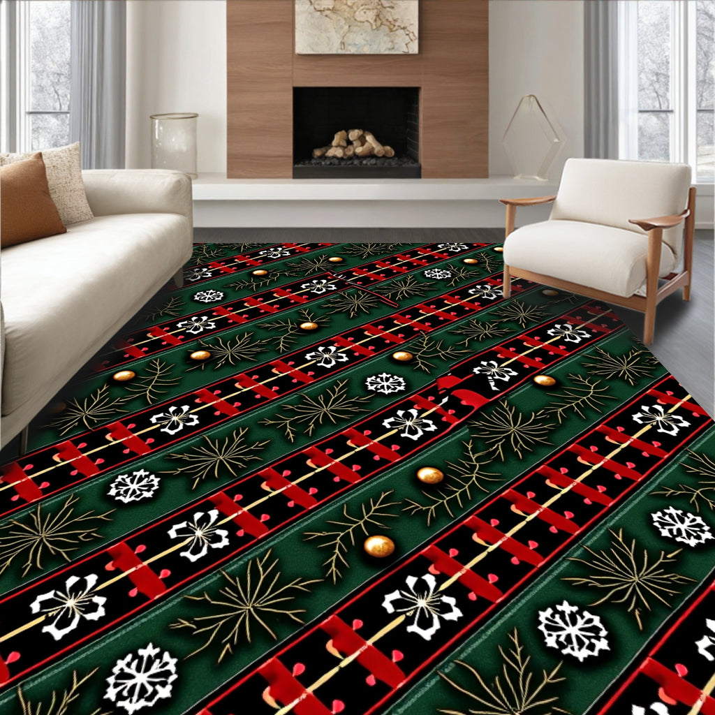 Festive Red Green Plaid Snowflakes Garland Rug