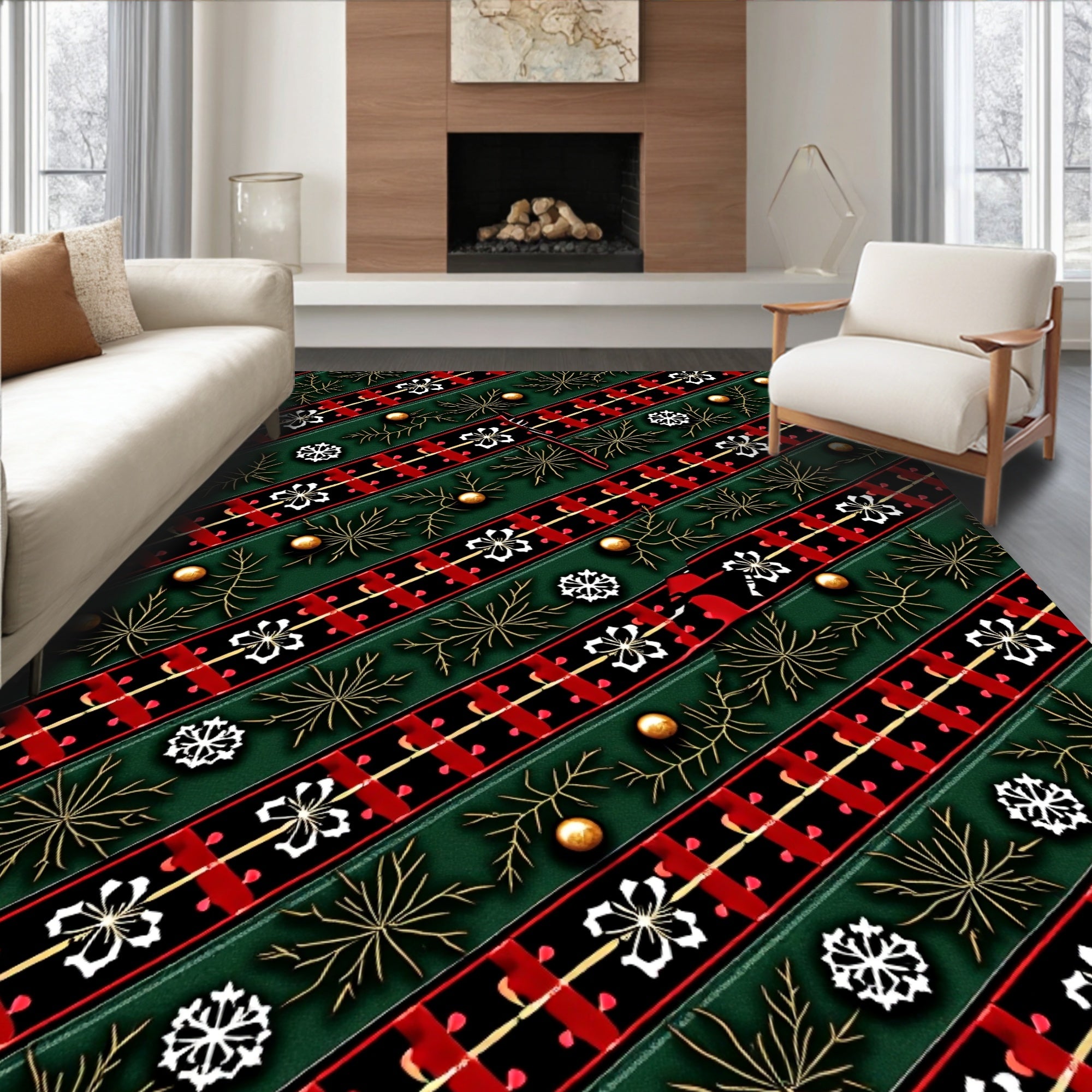Festive Red Green Plaid Snowflakes Garland Rug