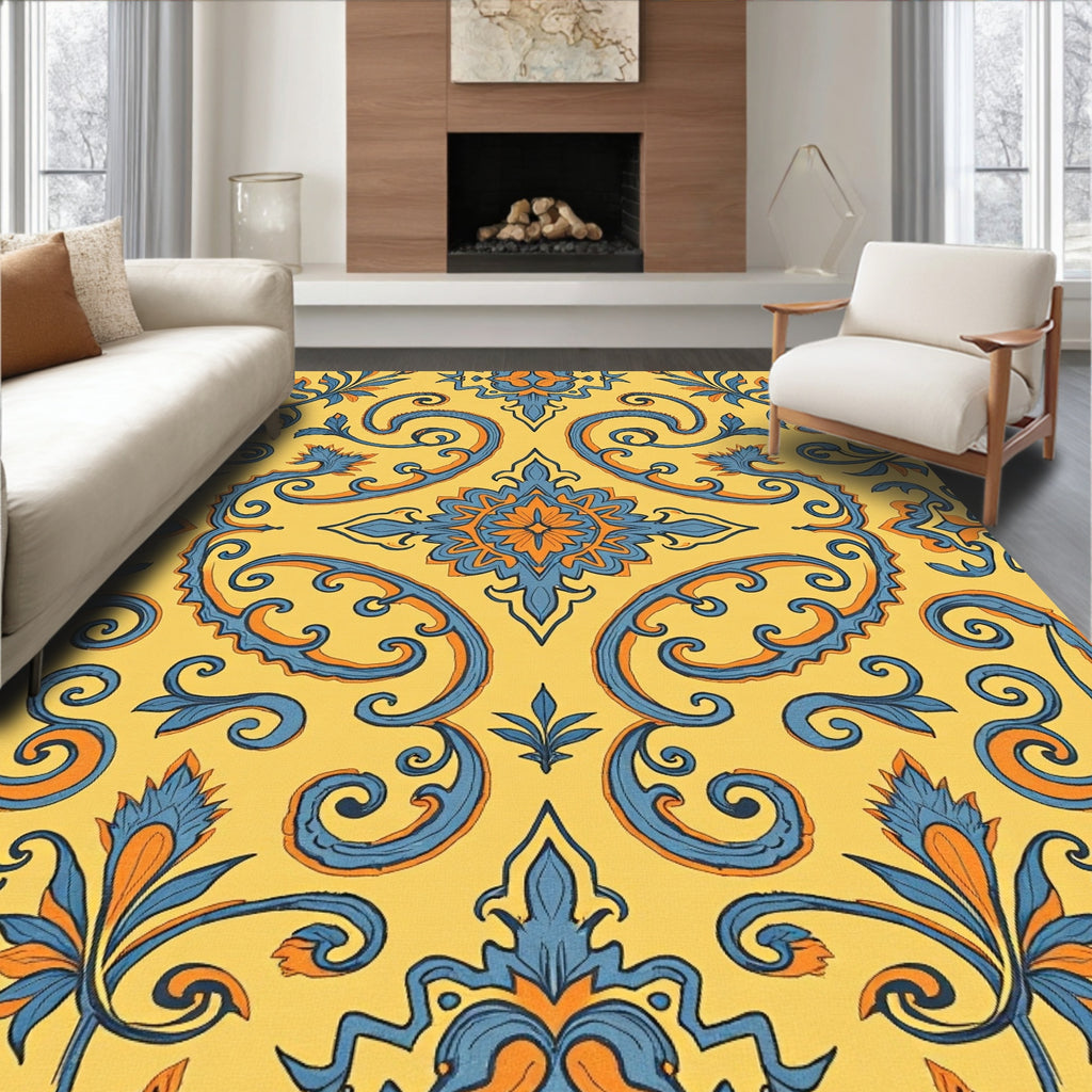 Ornate Blue and Orange Floral Medallion Rug
