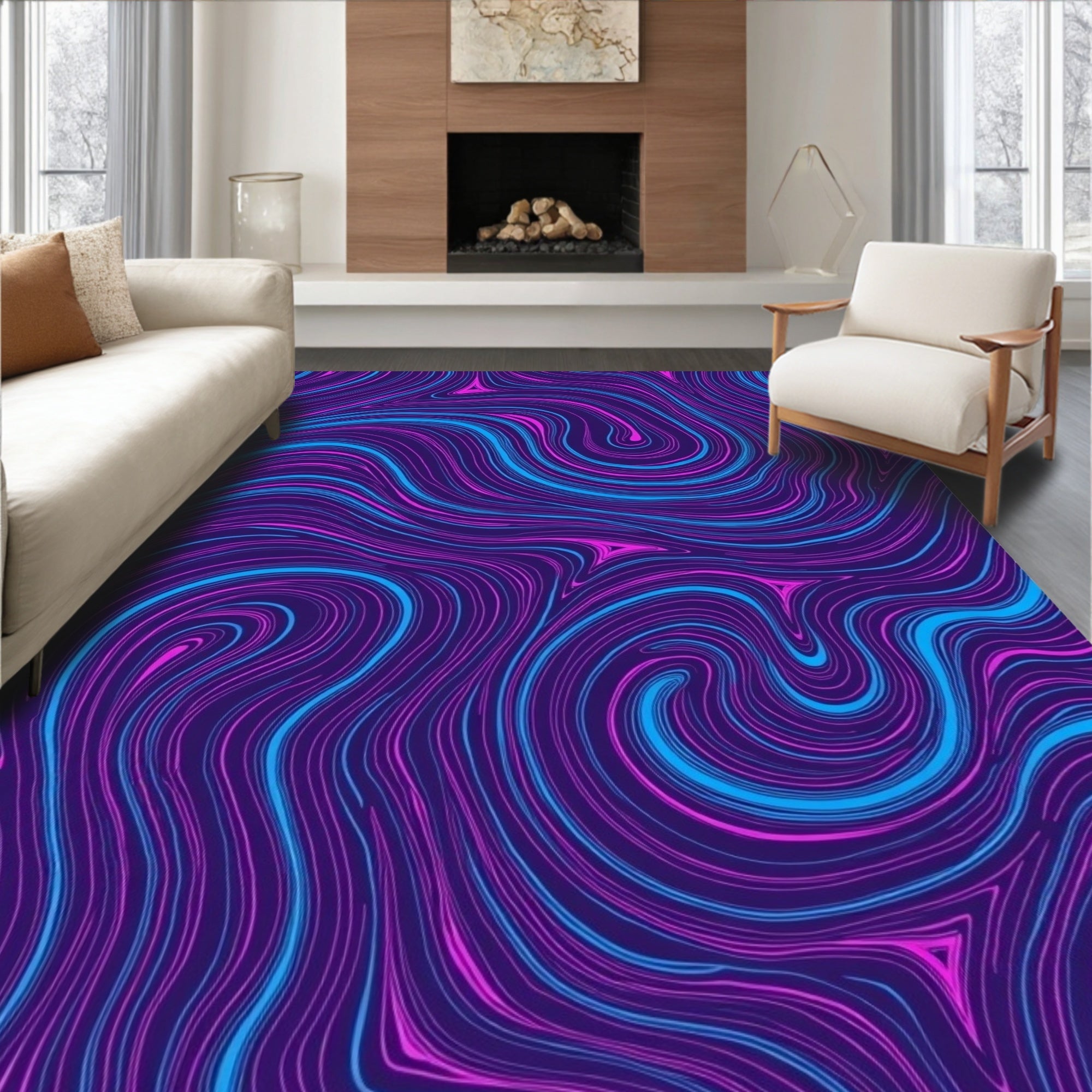 Vibrant Swirl Blue and Pink Lines Rug