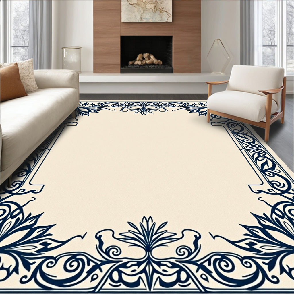 Navy Blue Floral Scrollwork Frame Rug