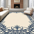 Navy Blue Floral Scrollwork Frame Rug