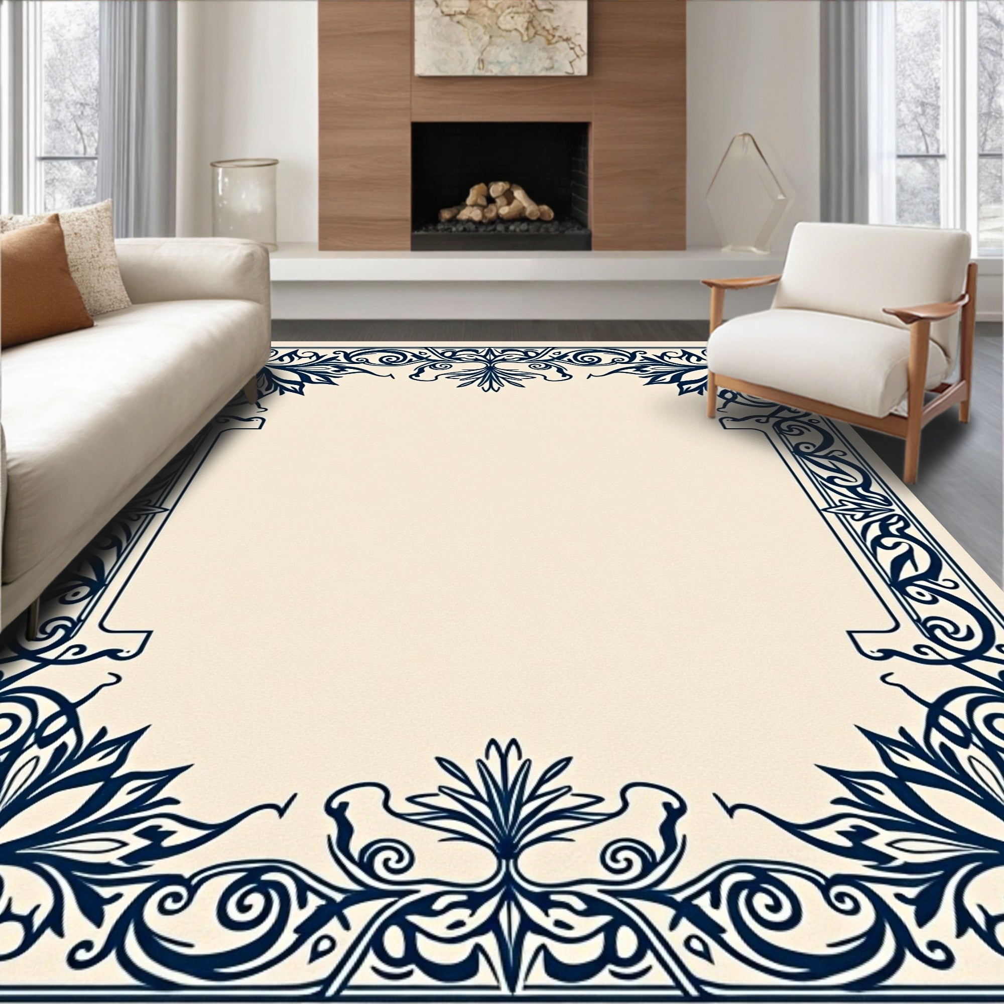 Navy Blue Floral Scrollwork Frame Rug