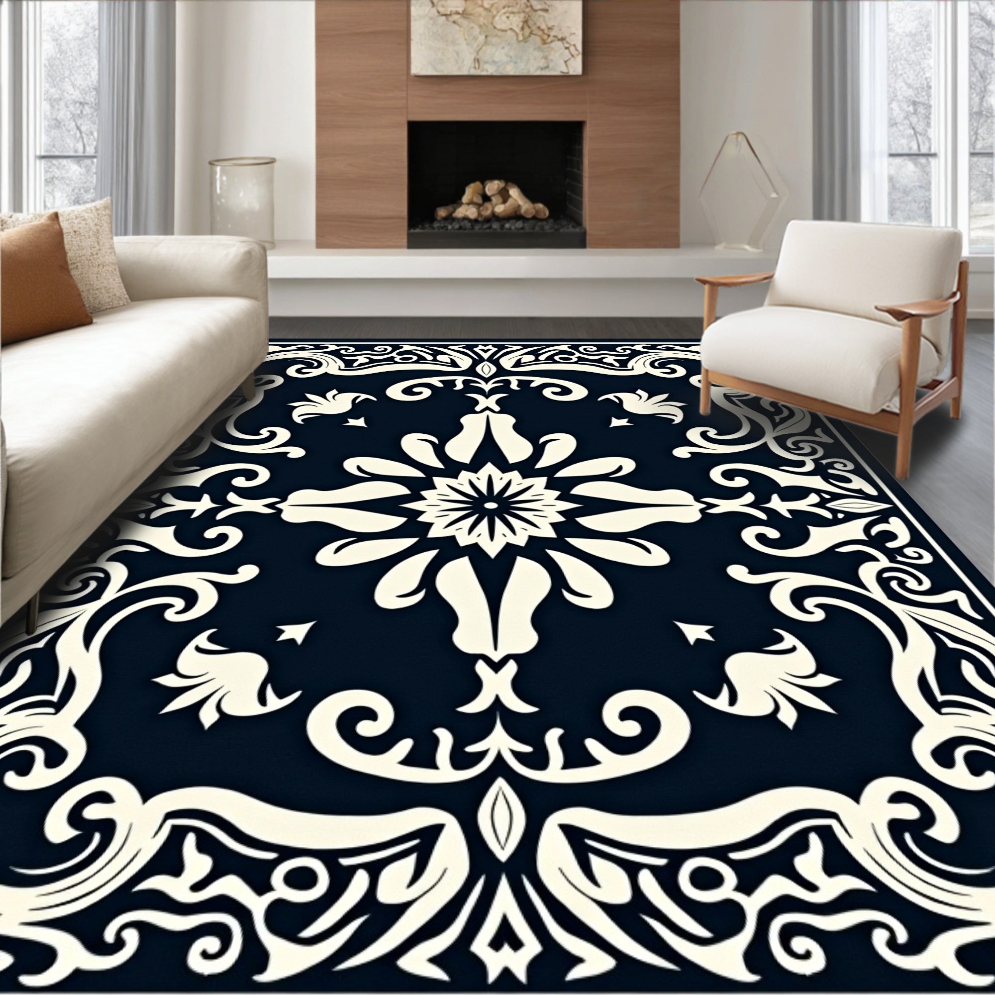 Dark Navy Ivory Scrollwork Medallion Rug