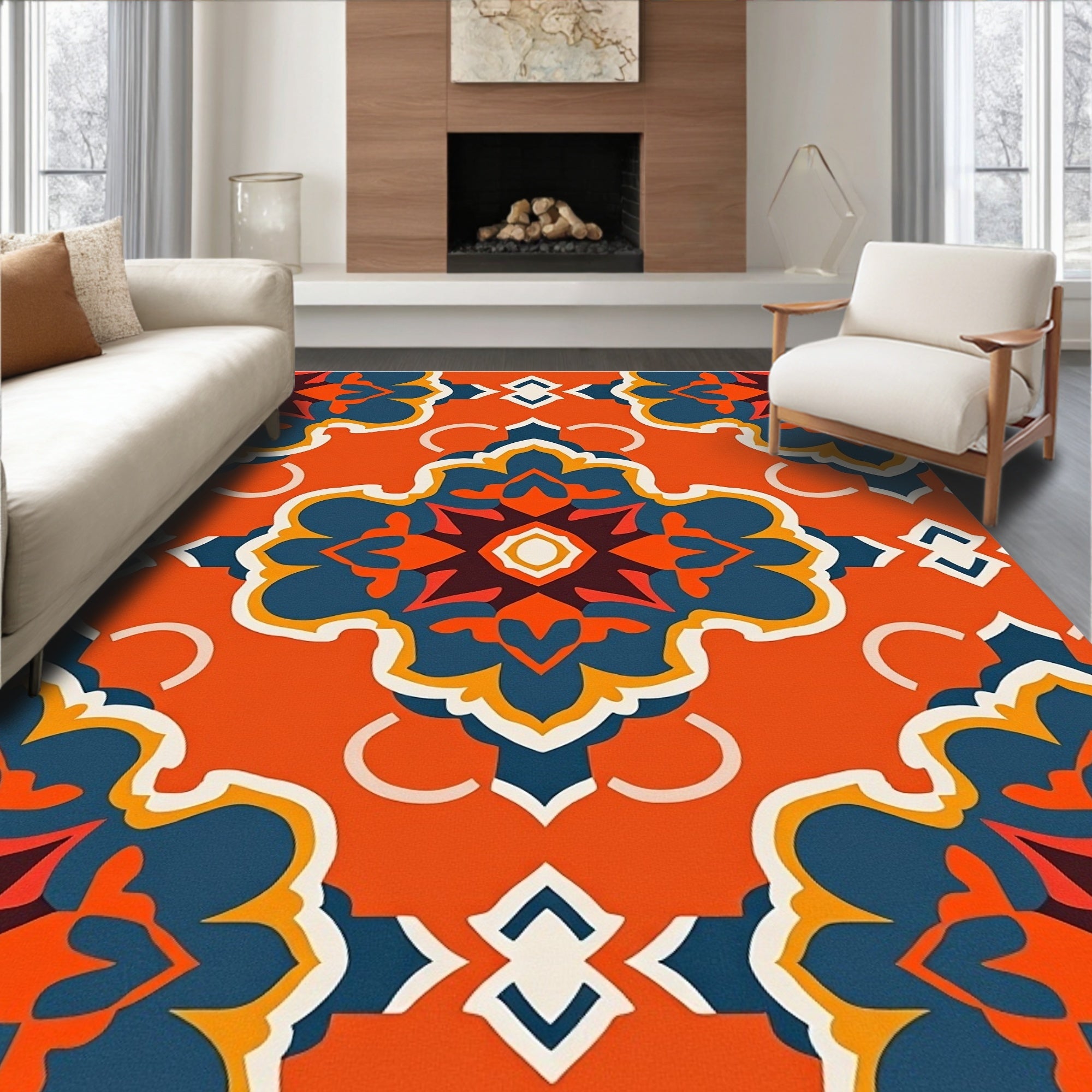 Bold Orange Geometric Floral Rug