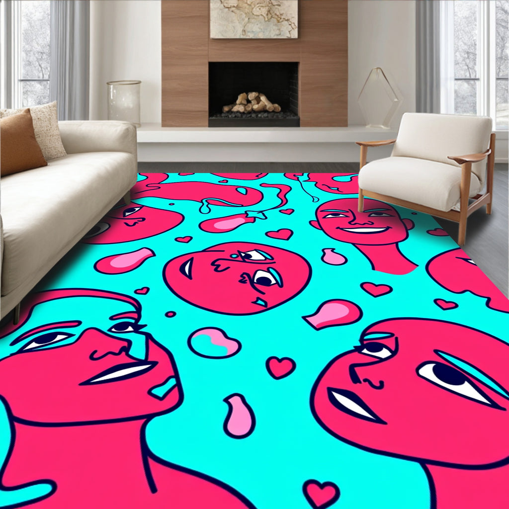 Cool Tones Abstract Faces Hearts Rug