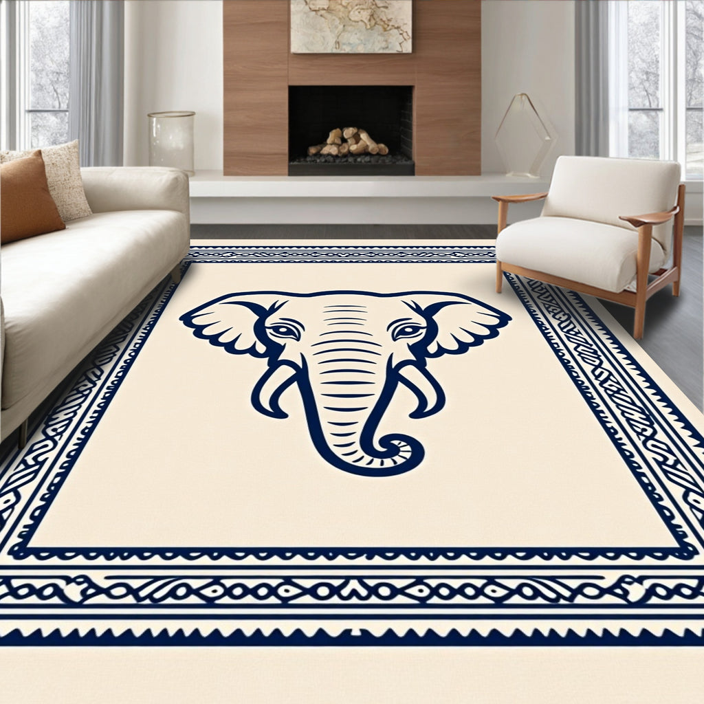 Navy Blue Elephant Tribal Border Rug