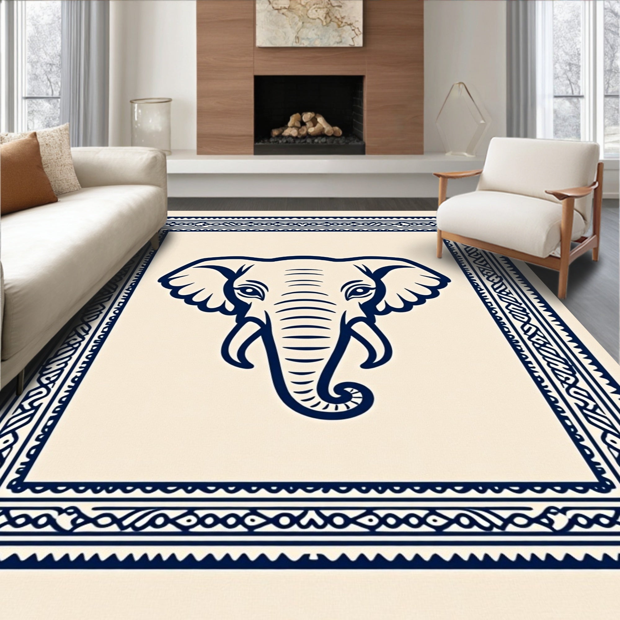 Navy Blue Elephant Tribal Border Rug