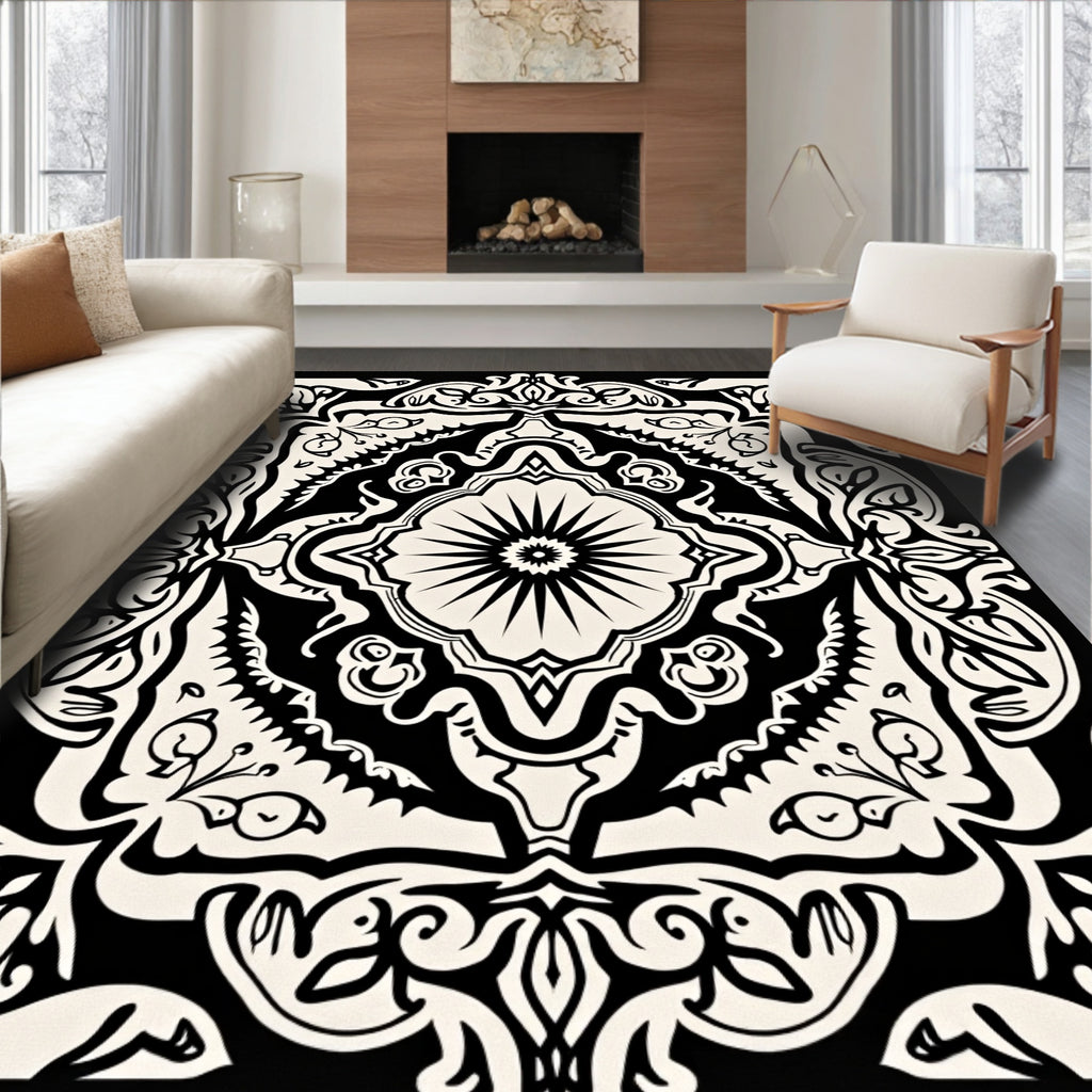 Black Cream Floral Medallion Emblem Rug