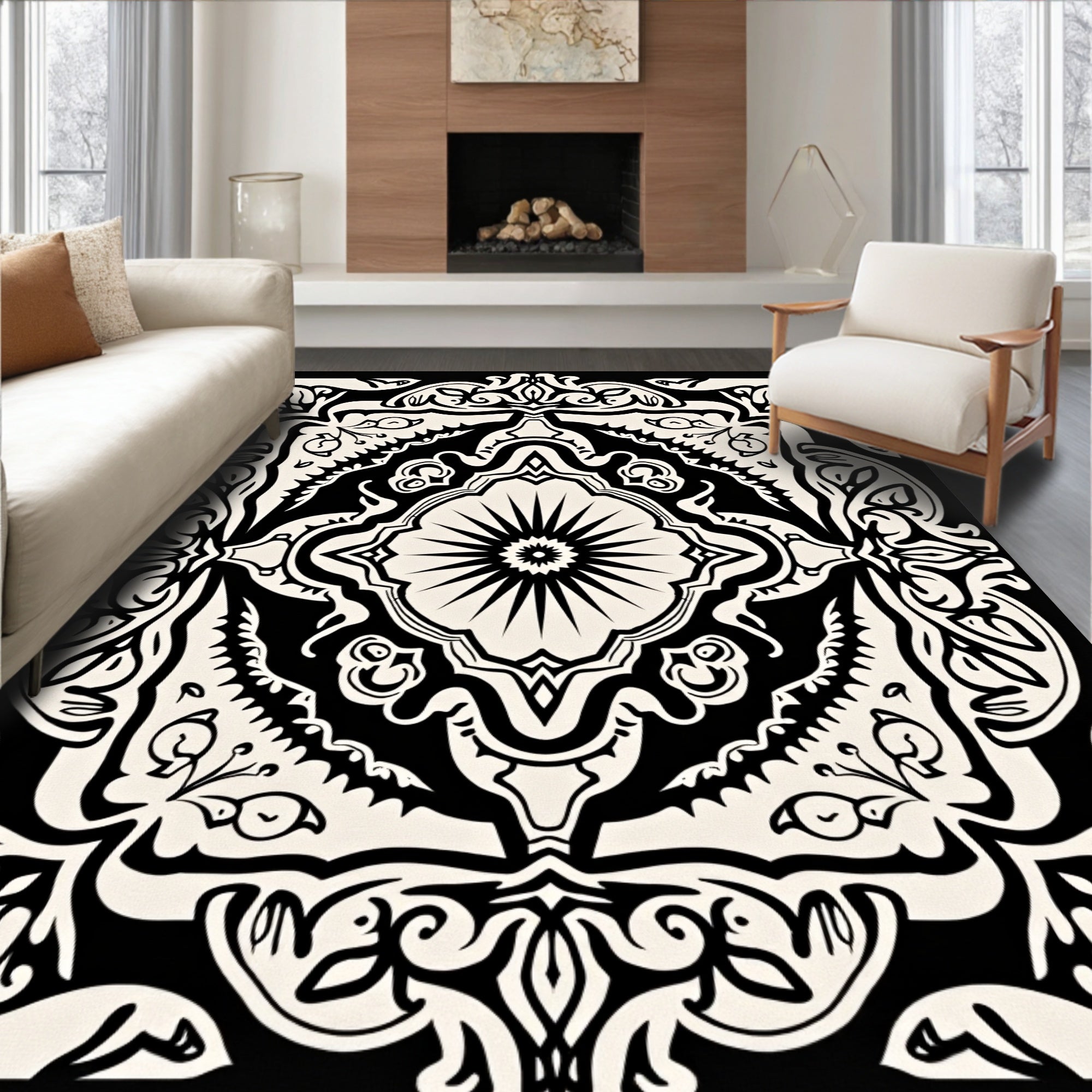 Black Cream Floral Medallion Emblem Rug